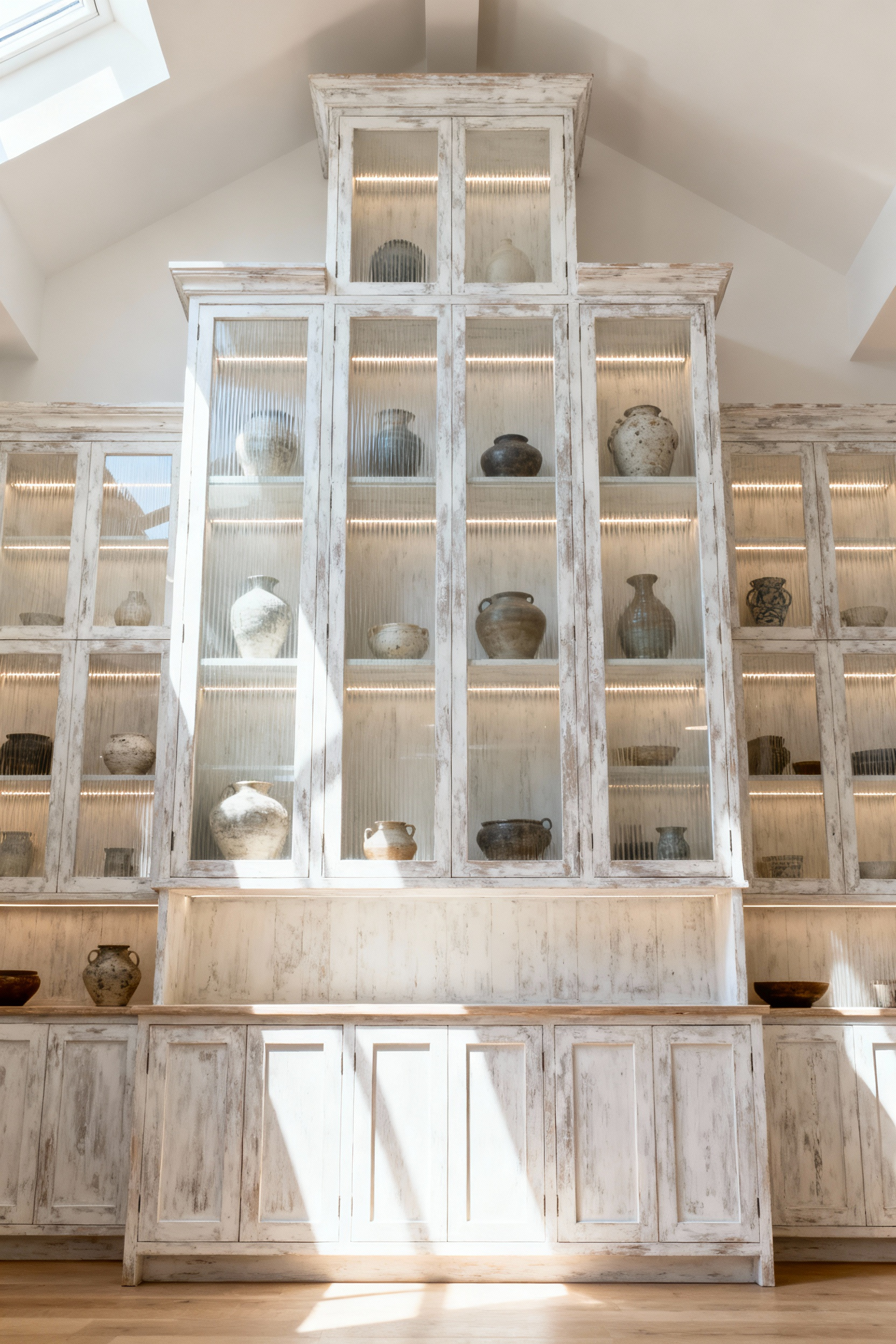 High, stacked cabinetry in a bright, elegant Mediterranean coastal kitchen, featuring sun-bleached white limewash, reeded glass fronts, and subtle lighting, creating a grand architectural statement and ample storage.