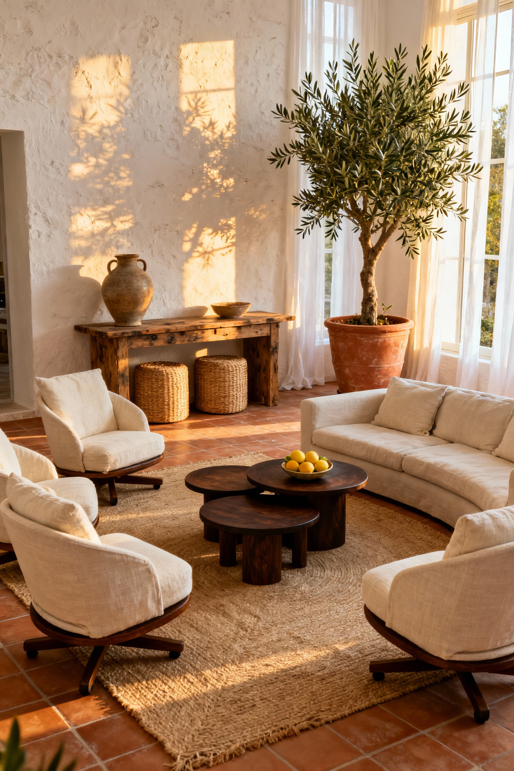 A Mediterranean-inspired living room featuring cream swivel chairs and movable nesting tables arranged in a conversational arc, showcasing woven poufs, natural textures, and warm afternoon light, optimized for cozy, flexible hospitality.