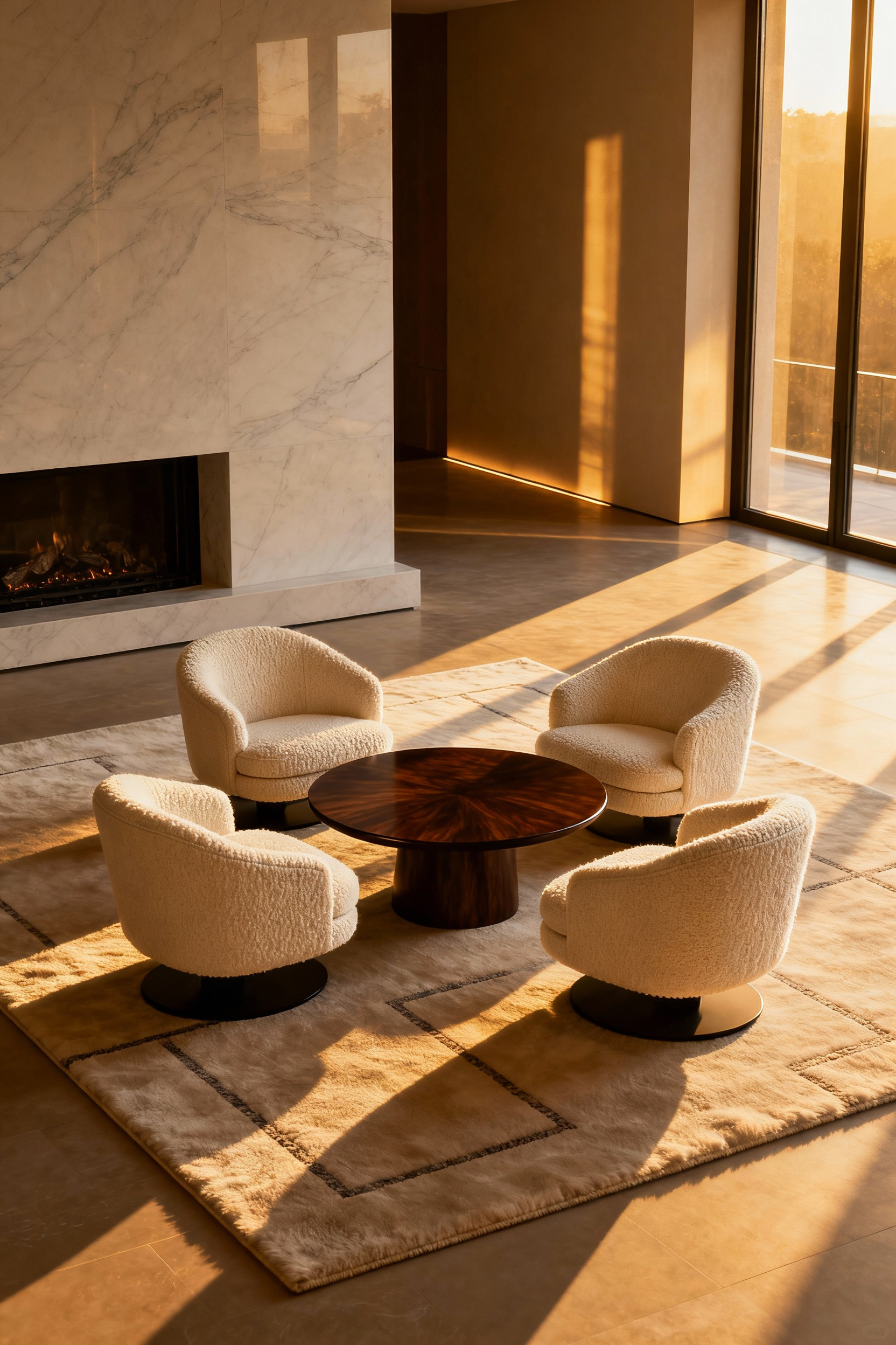 A professional interior photograph of a conversational grouping featuring four cream bouclé swivel chairs arranged in a tight circle around a low walnut coffee table, set against a backdrop of a marble fireplace in a luxurious living room.