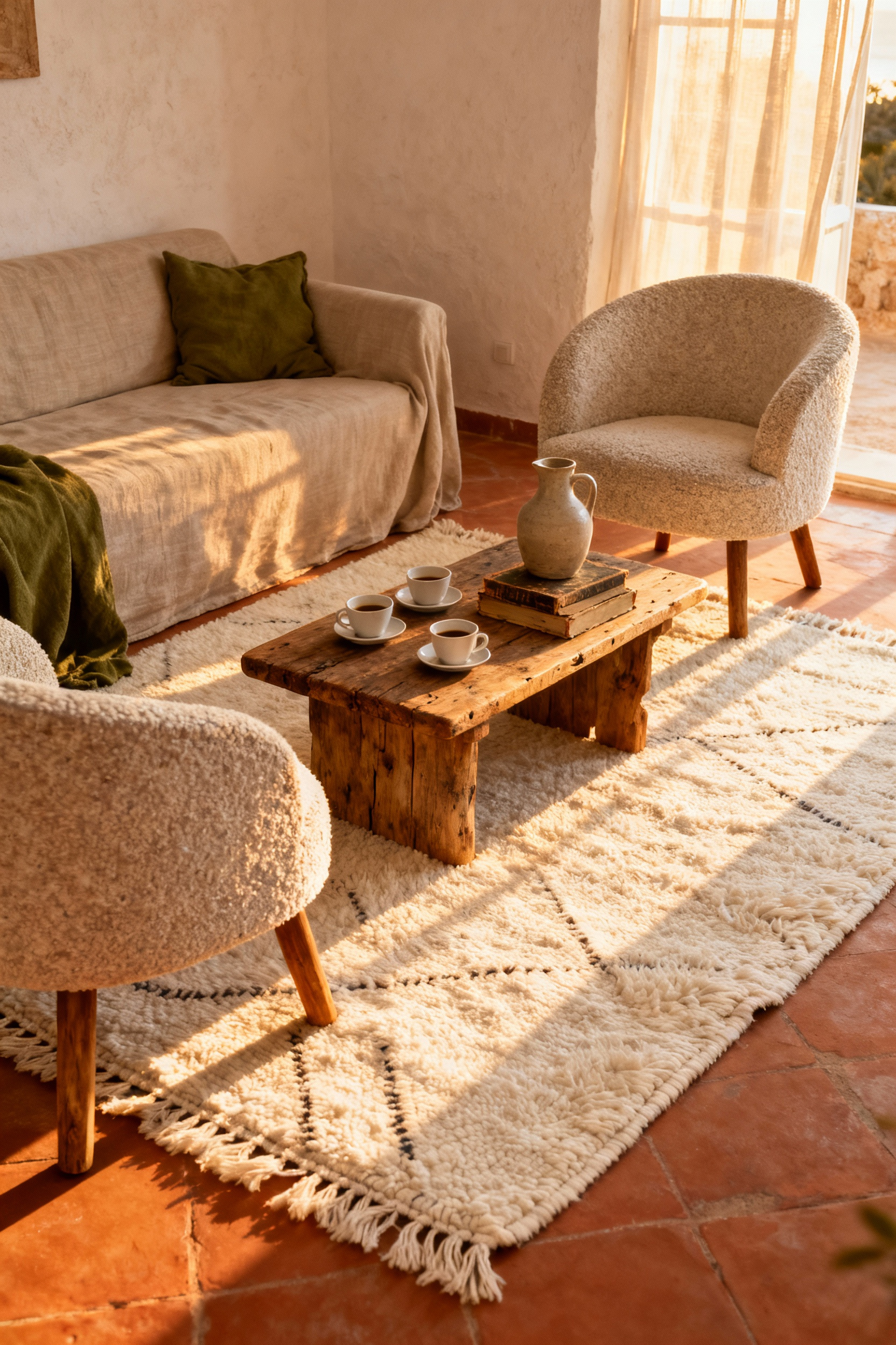 A cozy conversation grouping in a Mediterranean-style living room, featuring a sofa and armchairs floating away from the walls, anchored entirely on a large, textured cream Berber rug under warm sunlight.