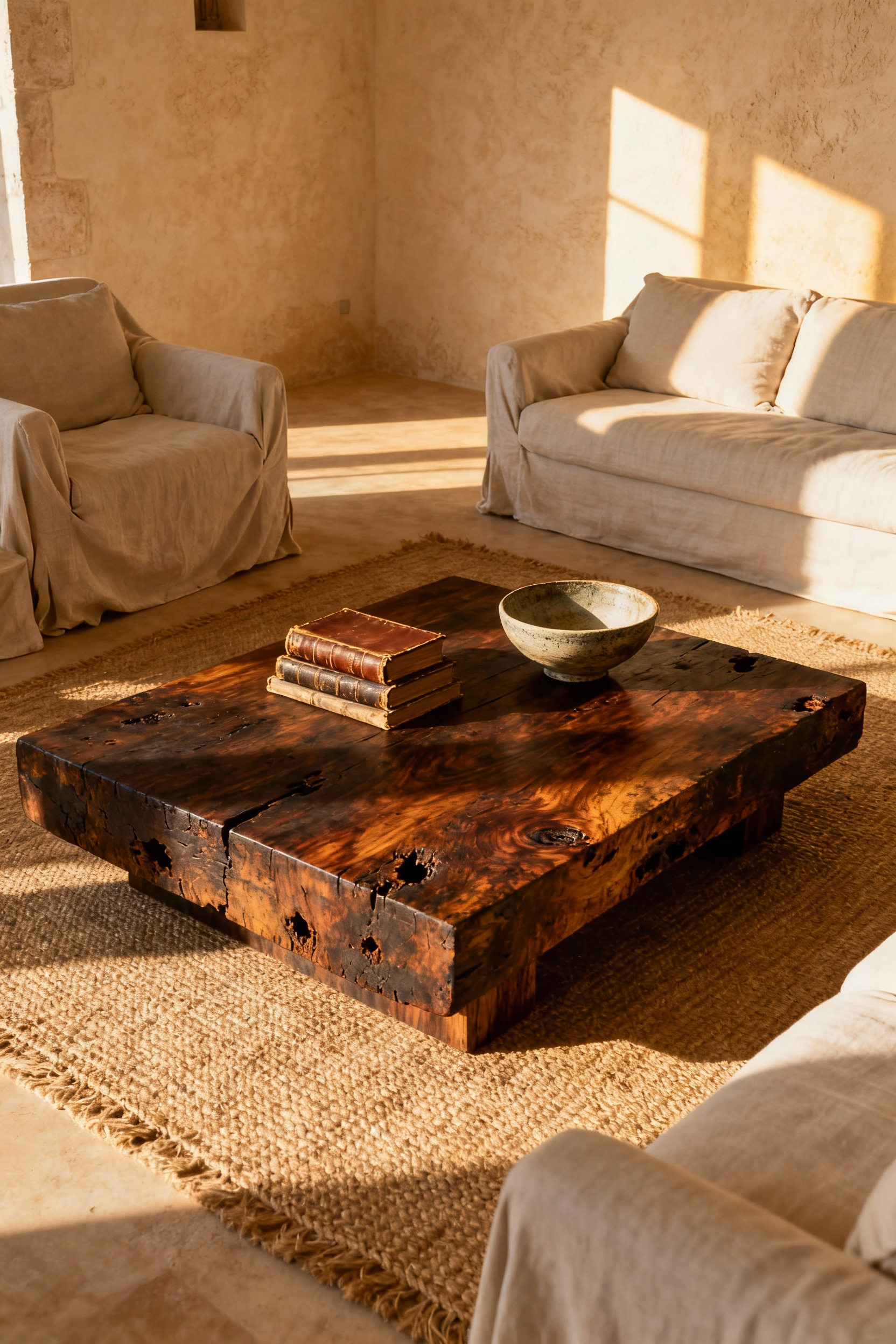 A cozy, Mediterranean-style living room centered around a substantial, low-sitting reclaimed walnut coffee table that anchors the space, illuminated by warm golden hour light.