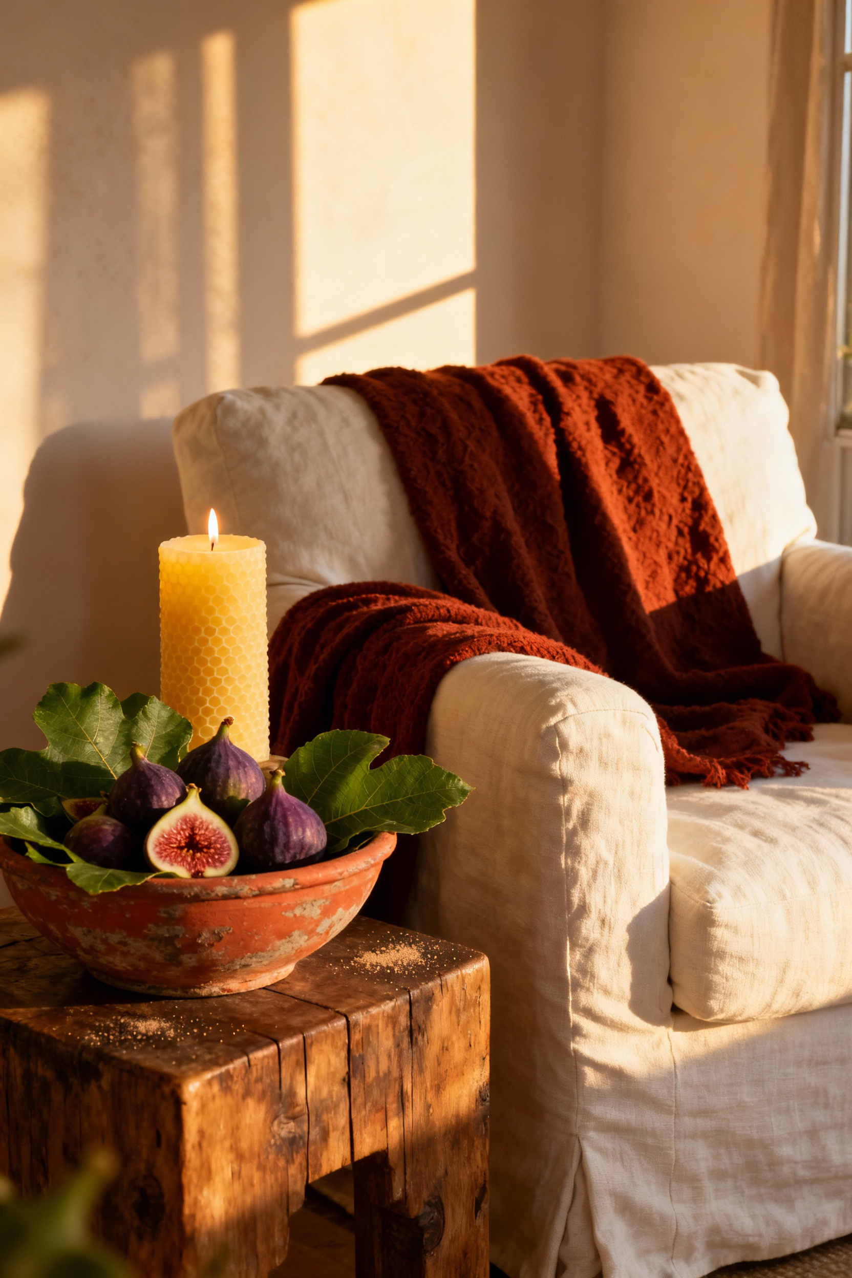 A warm, sun-drenched photograph of a cozy living room corner during golden hour. A lit beeswax candle, fresh figs, and an amber throw blanket sit on a rustic wooden side table beside a cream linen armchair, evoking a Mediterranean sunset scent palette.