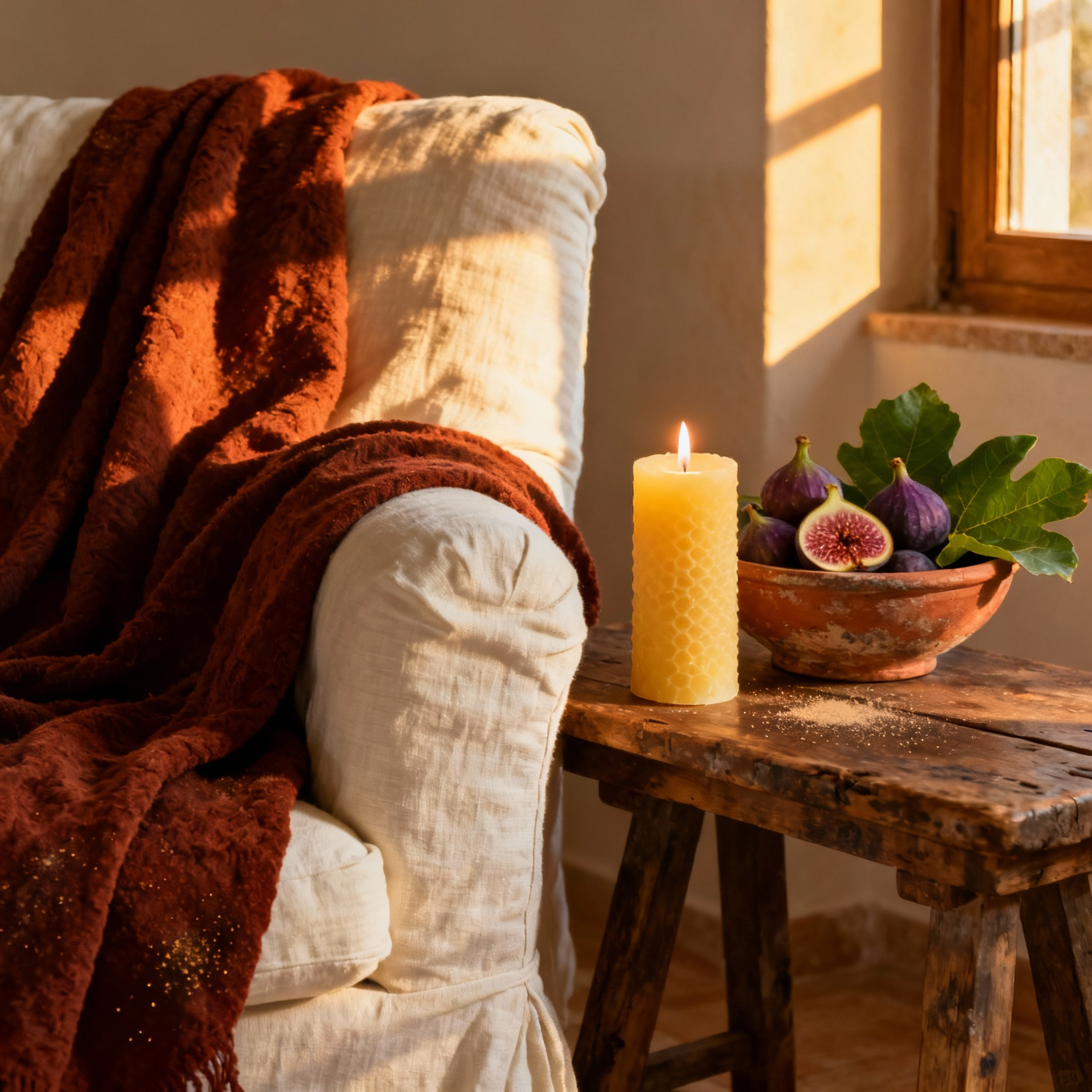 A warm, sun-drenched photograph of a cozy living room corner during golden hour. A lit beeswax candle, fresh figs, and an amber throw blanket sit on a rustic wooden side table beside a cream linen armchair, evoking a Mediterranean sunset scent palette.