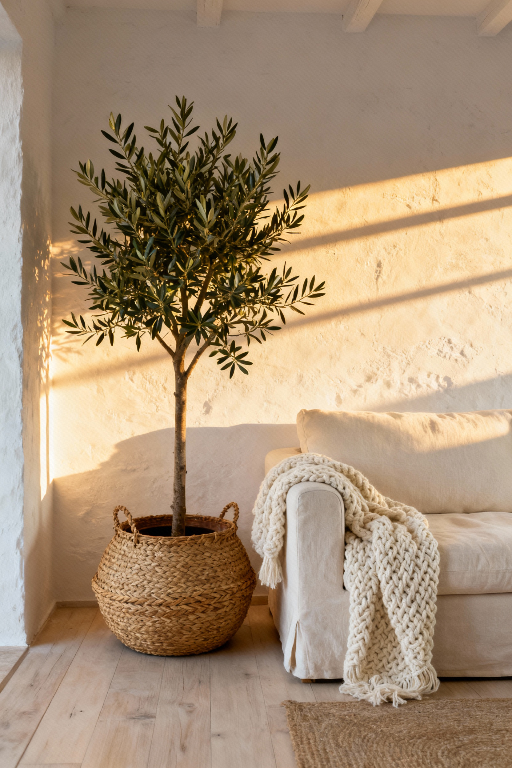 A five-foot potted olive tree rooted in a large woven seagrass basket sits beside a cream linen sofa in a sun-drenched, rustic living room corner, embodying cozy Mediterranean decor.