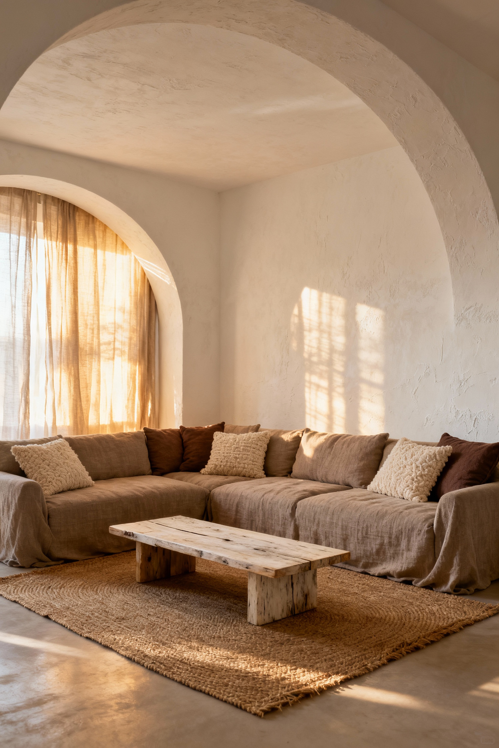 A sun-drenched, Mediterranean-style living room featuring creamy off-white walls, a taupe linen sofa, and warm earth tones that create a soft, cozy foundational atmosphere.