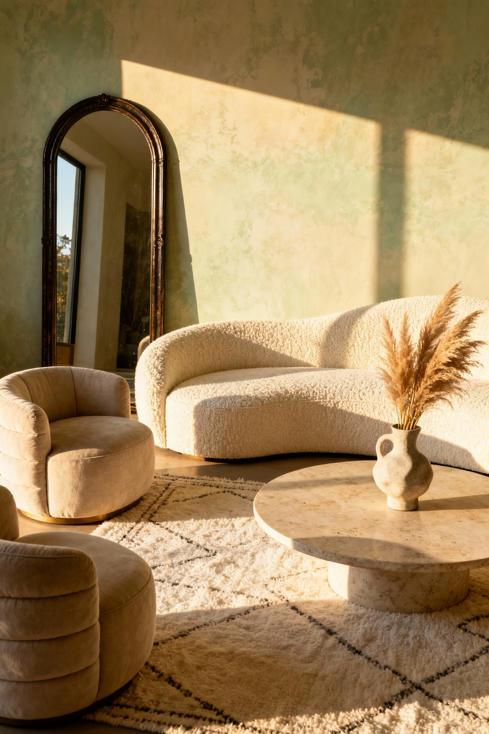 A sunlit, cozy living room featuring a curved cream serpentine sofa, two linen barrel chairs, and an oversized arched floor mirror leaning against a cream limewash wall, emphasizing soft edges.