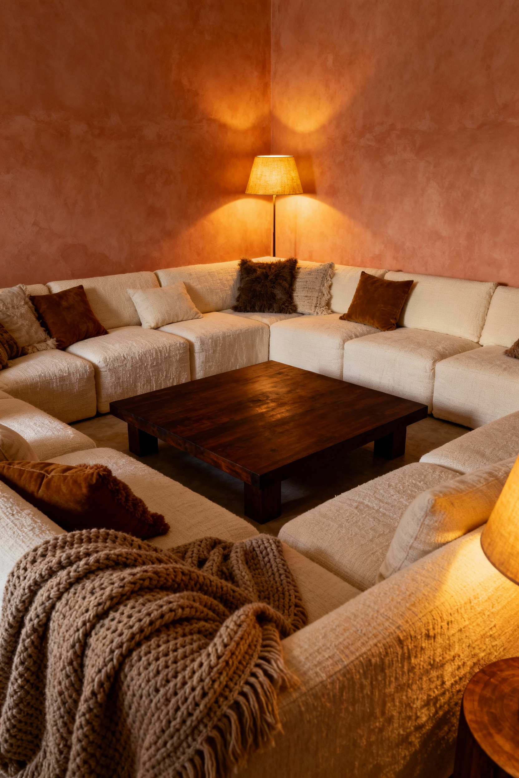 A beautifully lit, cozy living room featuring deep, cream modular furniture arranged inward for conversation, illuminated by soft golden layered lighting, embodying Mediterranean 'Sobremesa' design principles.