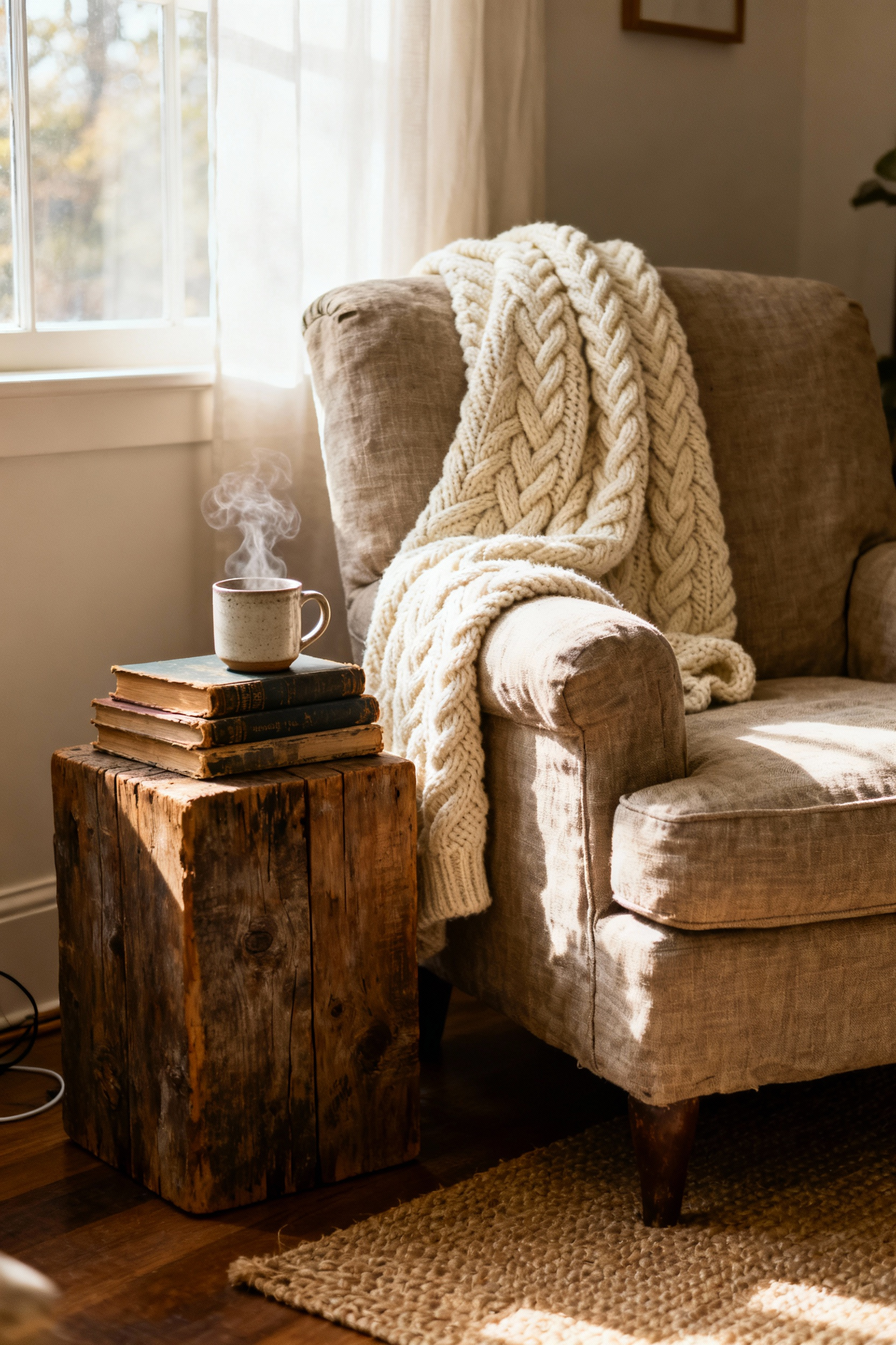 Deep armchair layered with a chunky knit throw and raw linen upholstery in a warm, tech-free reading nook corner, featuring stacked analog books and soft afternoon light.