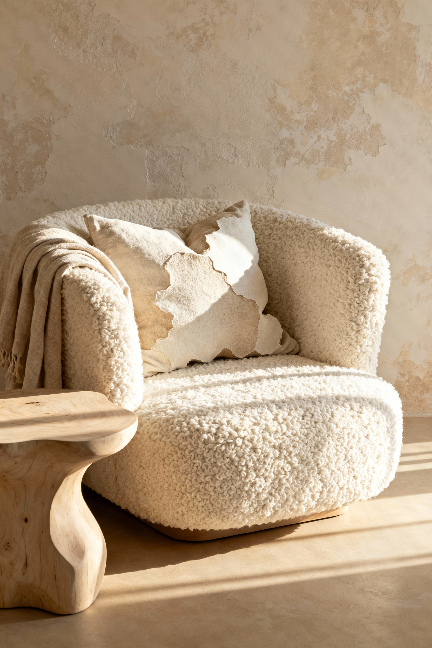 A cream bouclé accent chair layered with oatmeal pillows in a sunlit, cozy living room corner, emphasizing the tactile, looped texture of the upholstery ideal for relaxed, Mediterranean-inspired decor.
