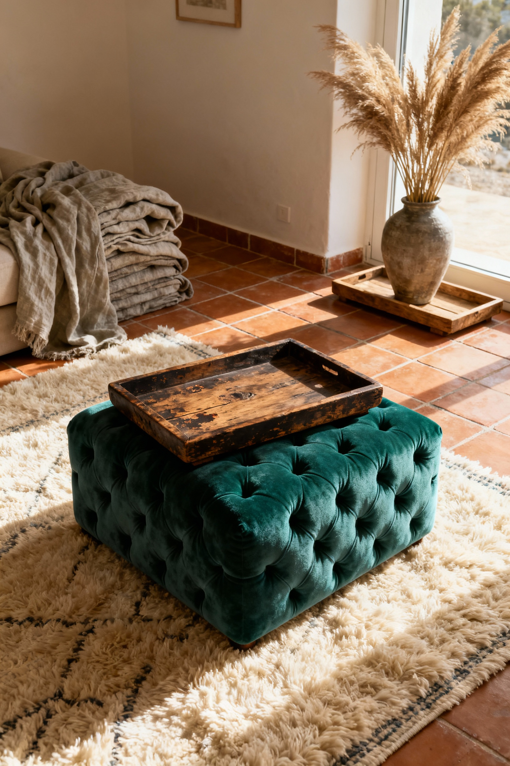 Detailed view of a cozy living room highlighting textural contrast, featuring a reclaimed wood tray on a sage green velvet ottoman placed atop a thick cream wool rug and rustic terracotta floors.