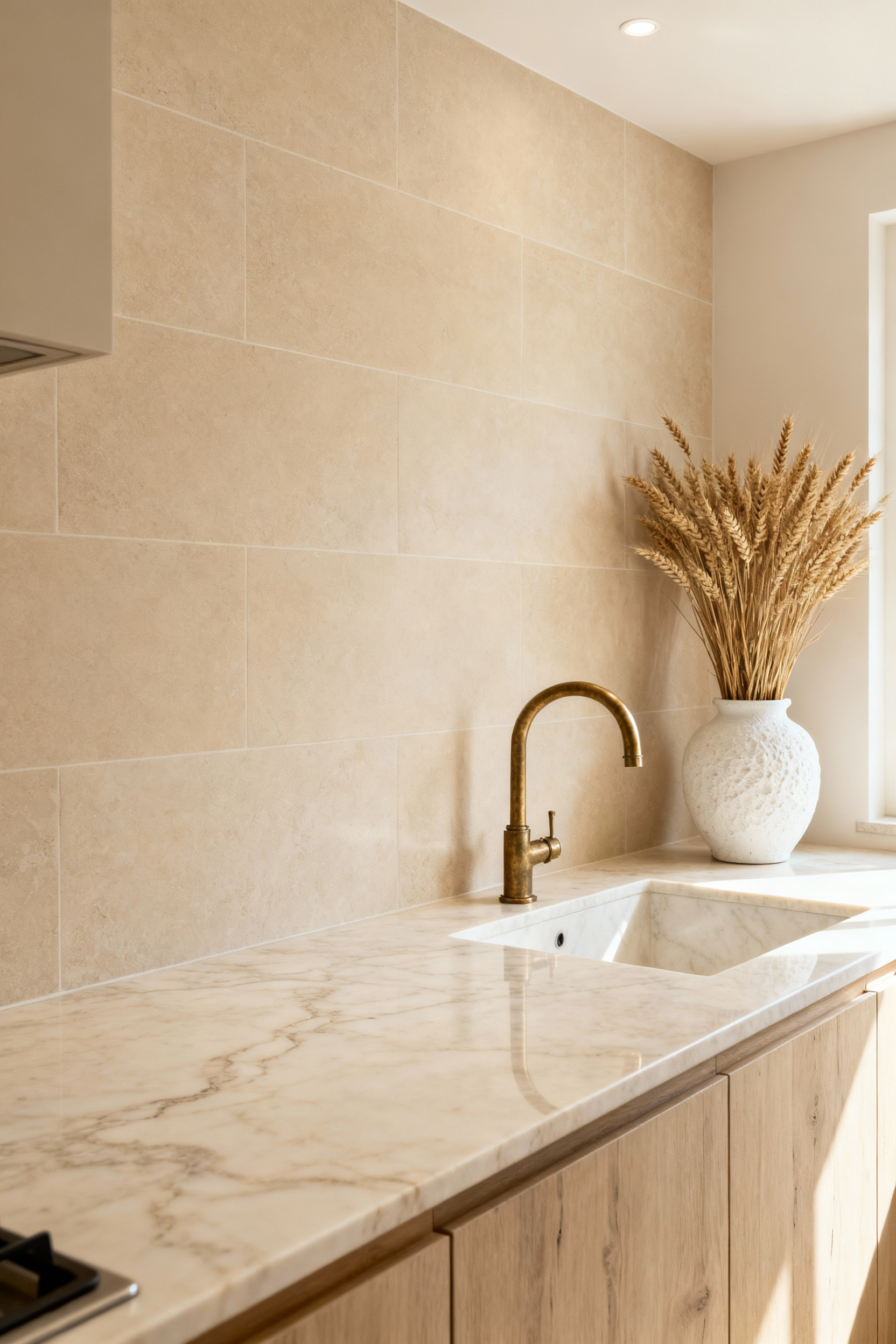 A high-end kitchen showcasing a monochromatic design with a creamy Travertine countertop and a textured matte beige Limestone tile backsplash, captured under soft morning light.
