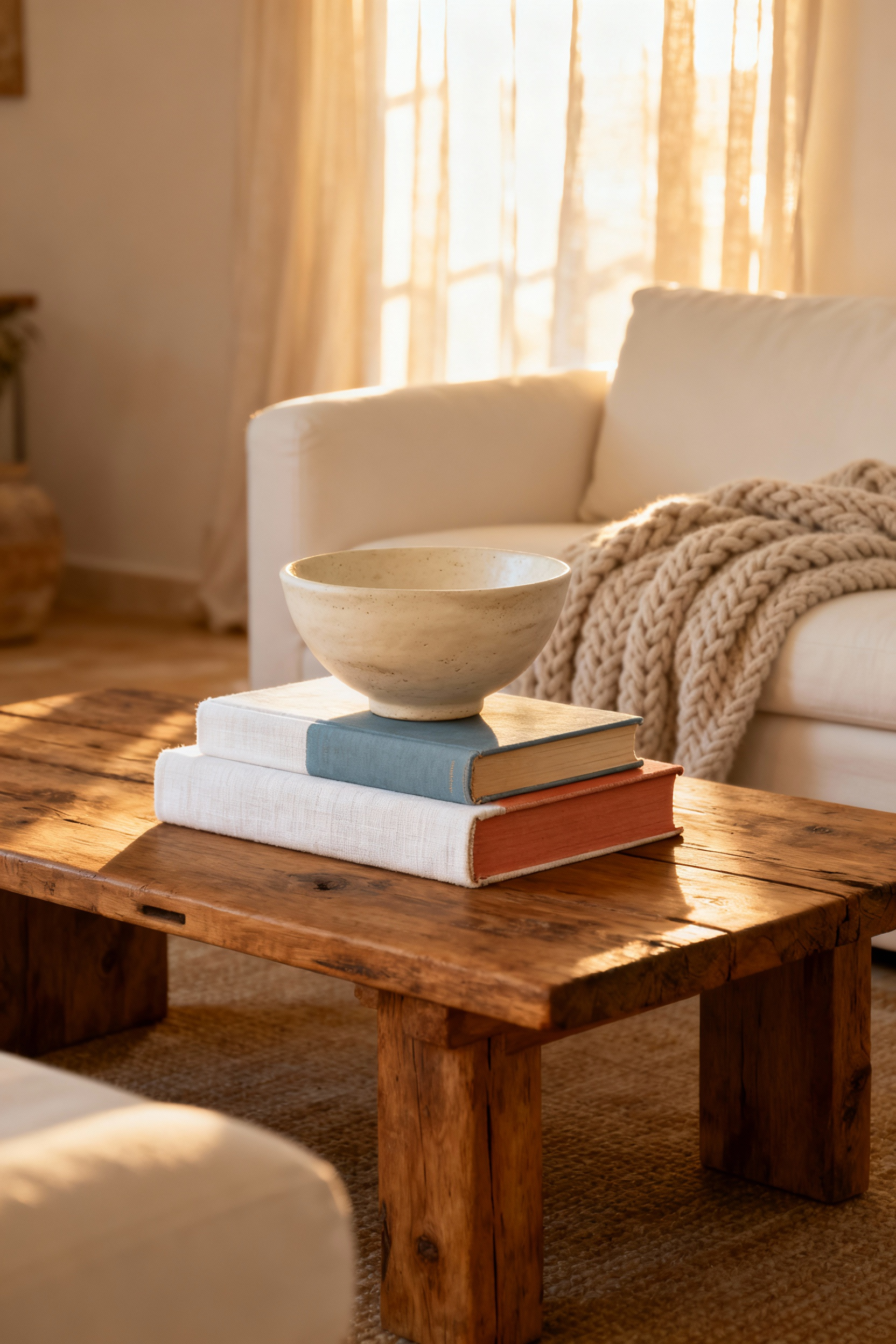 A cozy living room scene featuring a rustic wood coffee table styled with three stacked travel books (Amalfi Coast, Santorini themes) and topped with a heavy, textured cream ceramic bowl, set under warm afternoon light.