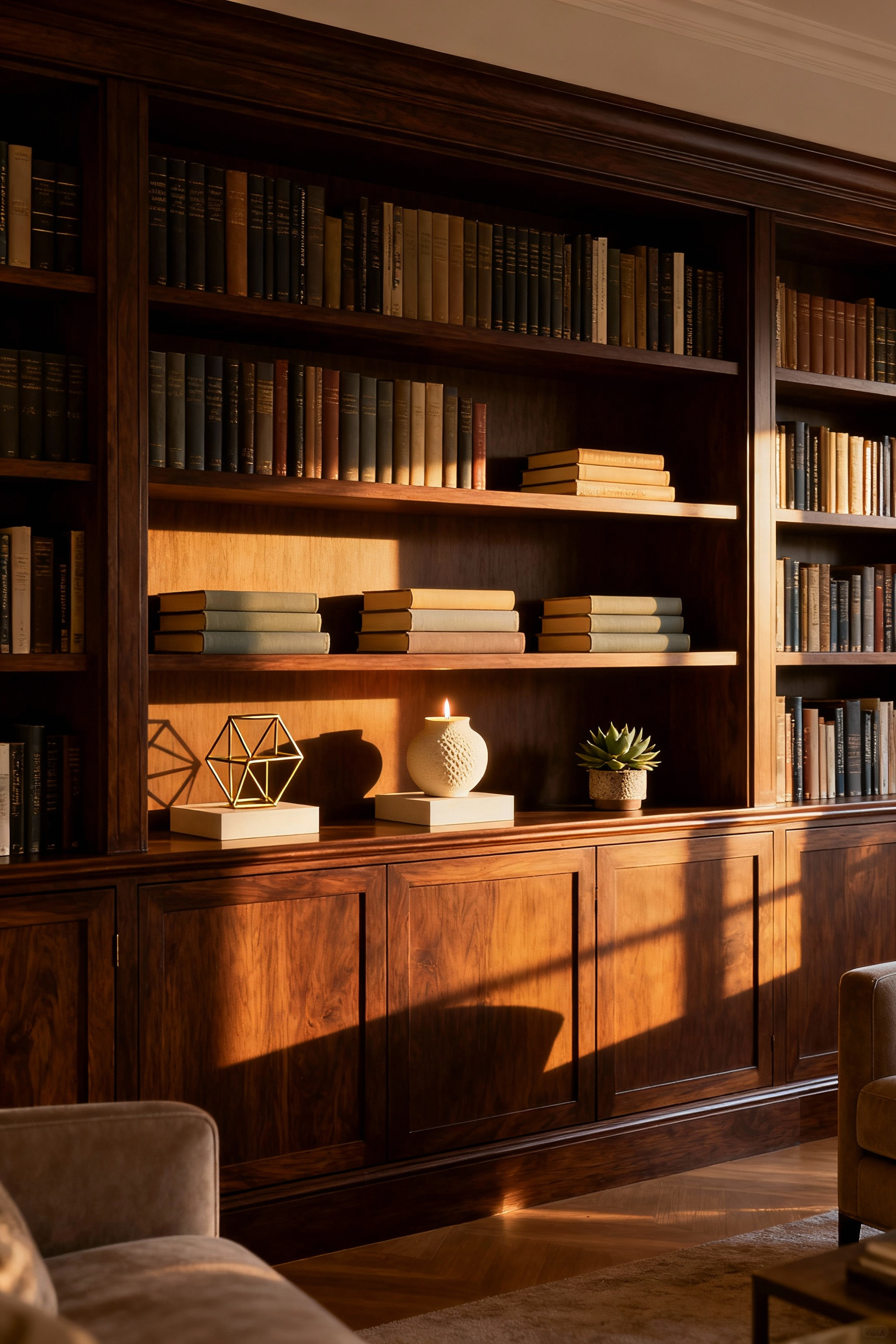 A curated living room bookshelf featuring dark wood shelving, utilizing a mix of vertical and horizontal book stacking styles, with horizontal piles acting as pedestals for small decorative objects like a brass sculpture, a candle, and a potted plant, demonstrating high-end living room furniture arrangement.