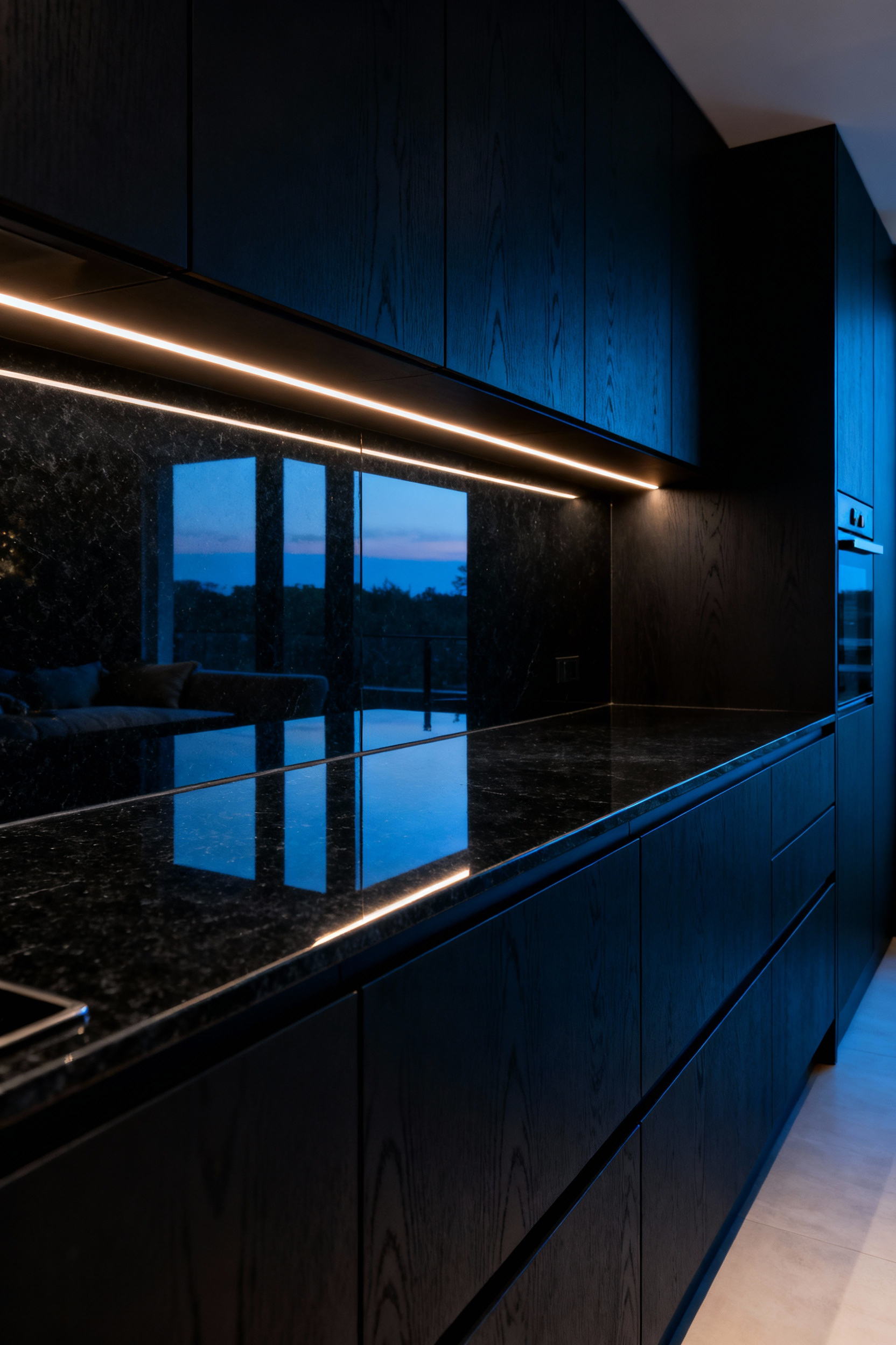 Luxurious modern kitchen featuring deep black polished quartz countertops and backsplash, dramatically illuminated by warm under-cabinet LED ambiance lighting creating a sophisticated evening lounge atmosphere.