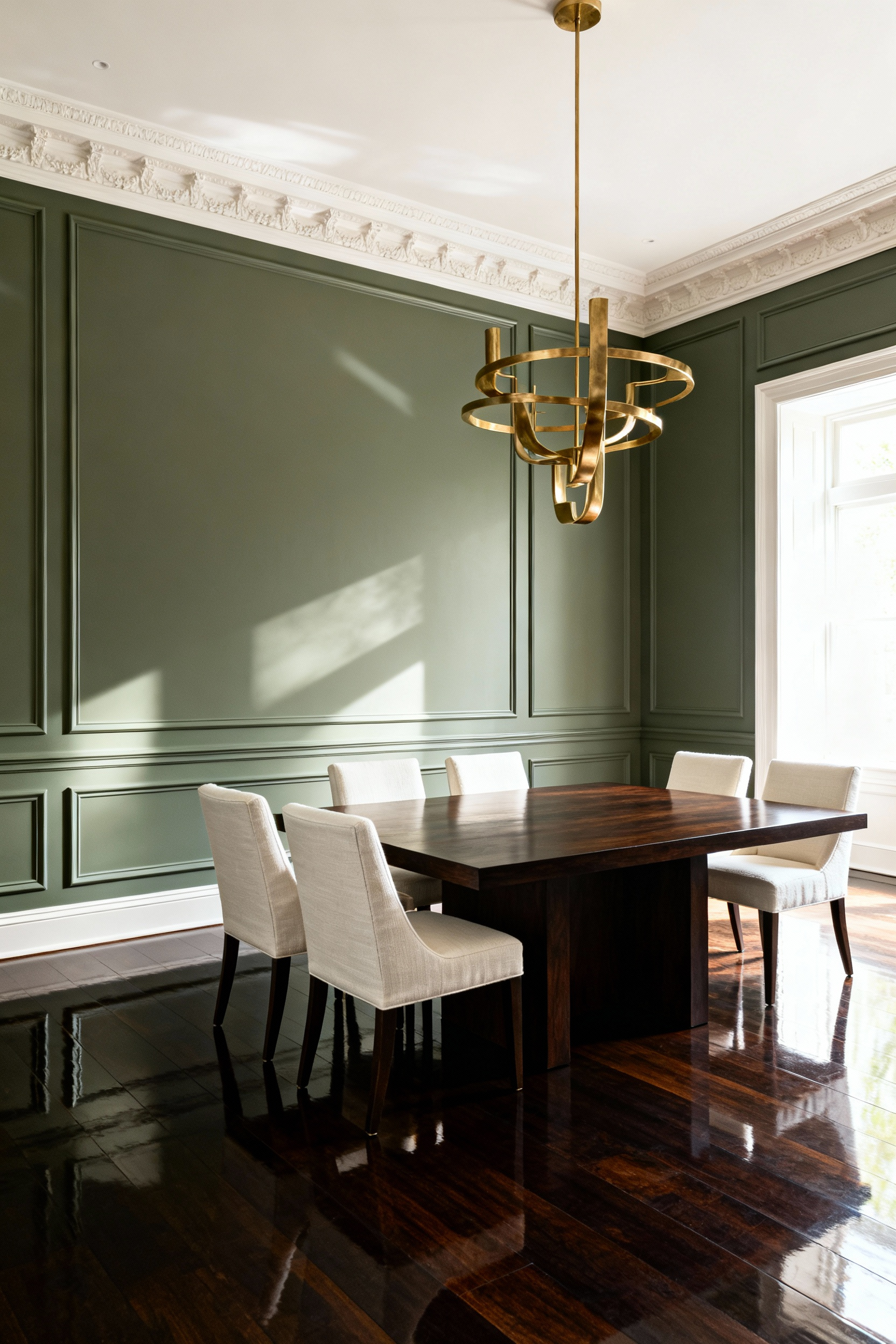 Luxurious dining room featuring floor-to-ceiling deep sage green millwork paneling, emphasizing bespoke architectural detailing over simple decor.