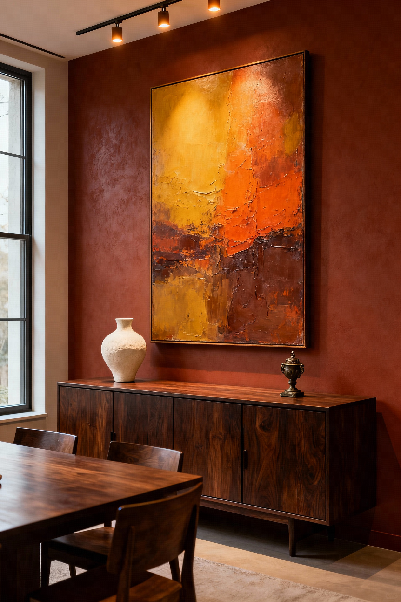 High-end dining room wall decor showing a large abstract painting in warm ochre and terracotta tones hanging above a dark walnut sideboard, illustrating the proper scale and intentional curation.