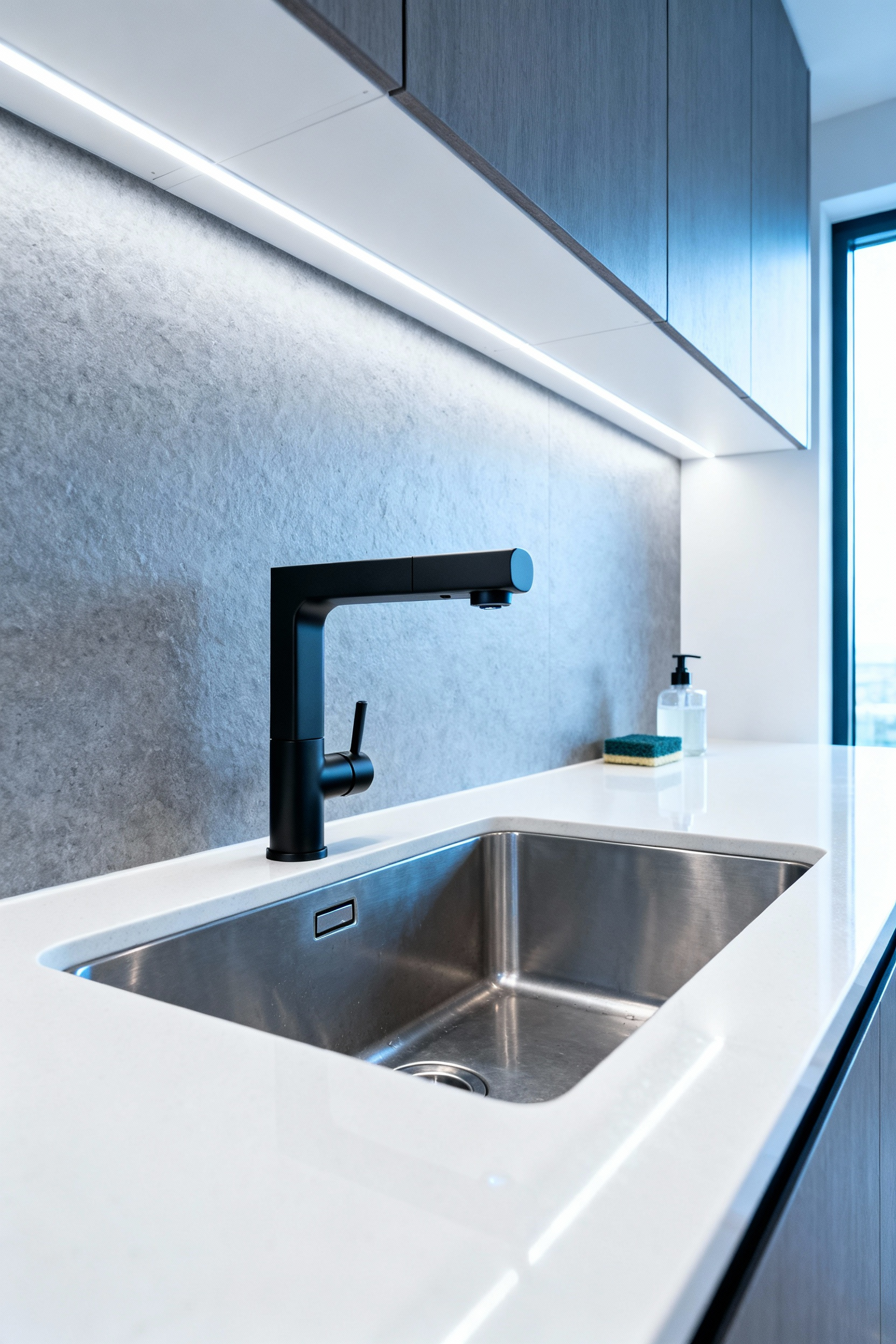 A modern kitchen prep zone featuring a sleek, matte black dual-sensor touchless faucet precisely installed over a stainless steel sink, demonstrating the strategic placement of the soap dispenser and cleaning tools outside the detection range.