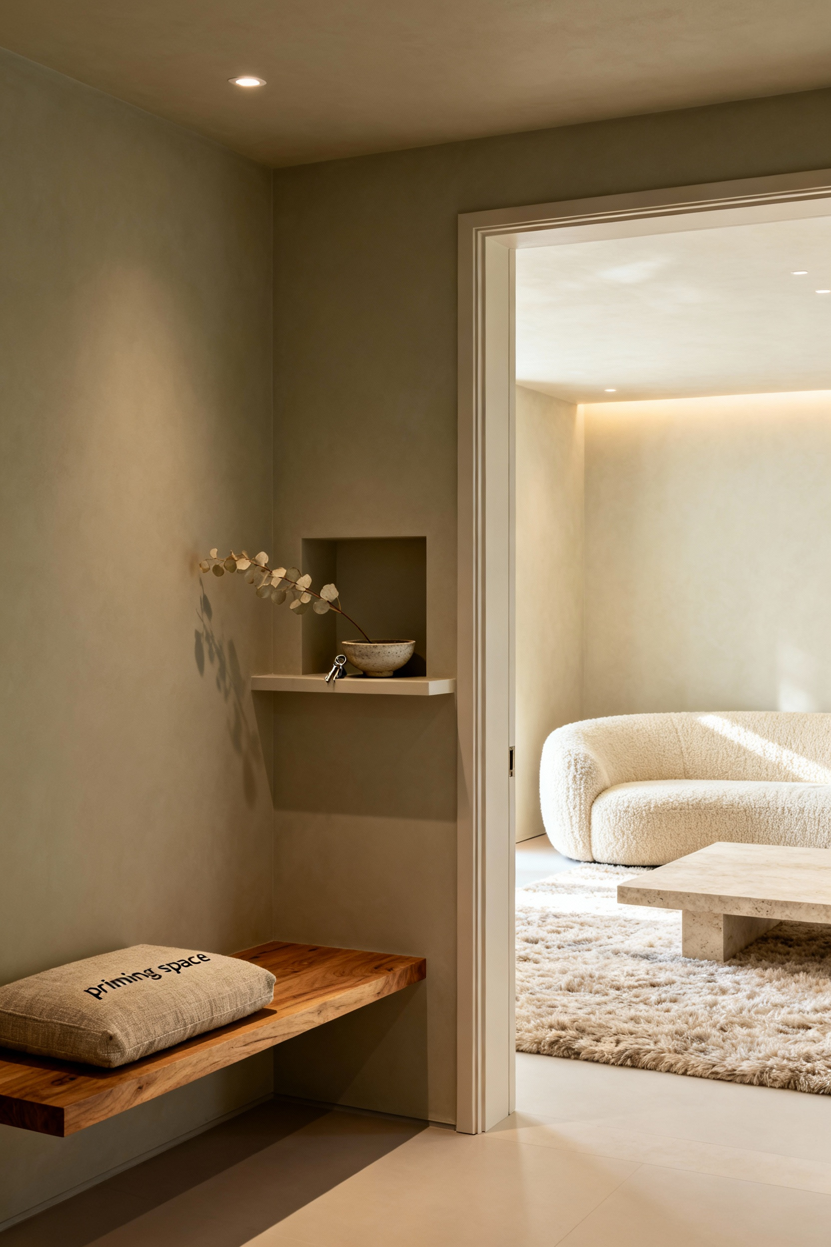 A modern, organic entryway featuring a light wood bench and subtle decor, transitioning smoothly into a warm, neutral living room, designed as a decompression zone.