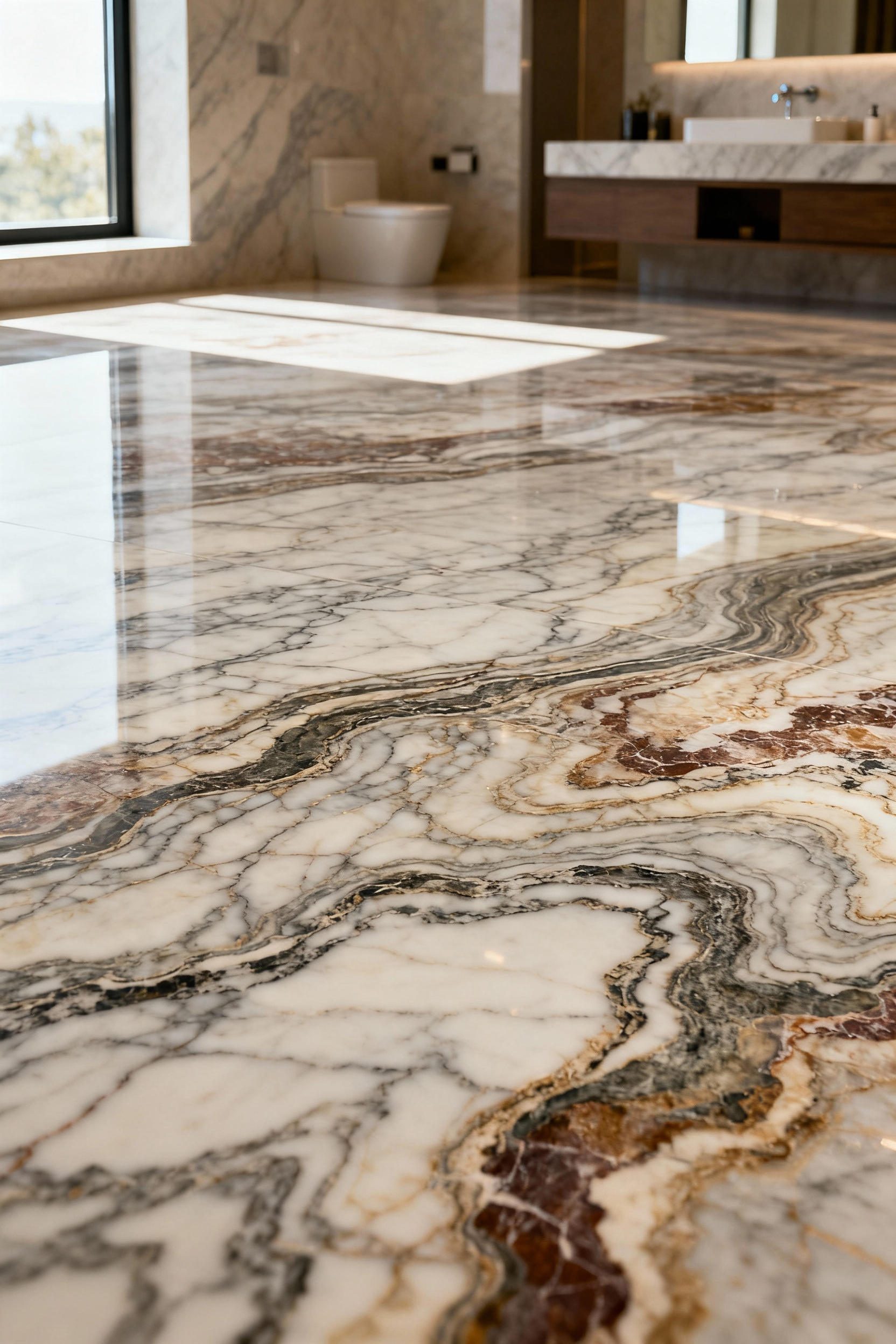 A luxurious bathroom floor featuring exquisitely vein-matched exotic natural stone, creating a continuous, art-like pattern. The seamless stone surface, possibly marble or granite, reflects soft ambient light, highlighting its intricate natural beauty. High-end fixtures are subtly present in the background, but the focal point is the opulent, earth-toned stone flooring.