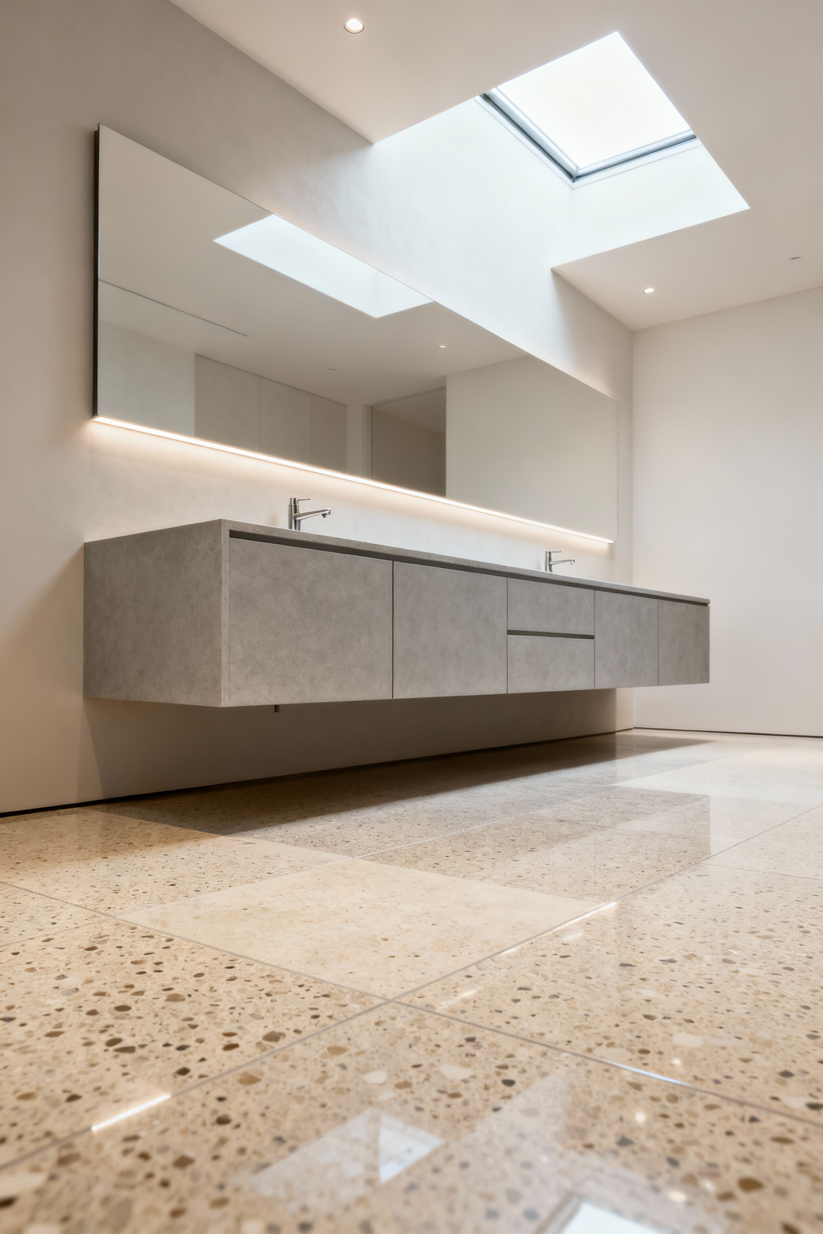 A luxury minimalist bathroom featuring a long, floating wall-mounted vanity crafted from light grey concrete, which reveals the continuous polished terrazzo floor underneath, creating an airy, expansive architectural aesthetic.