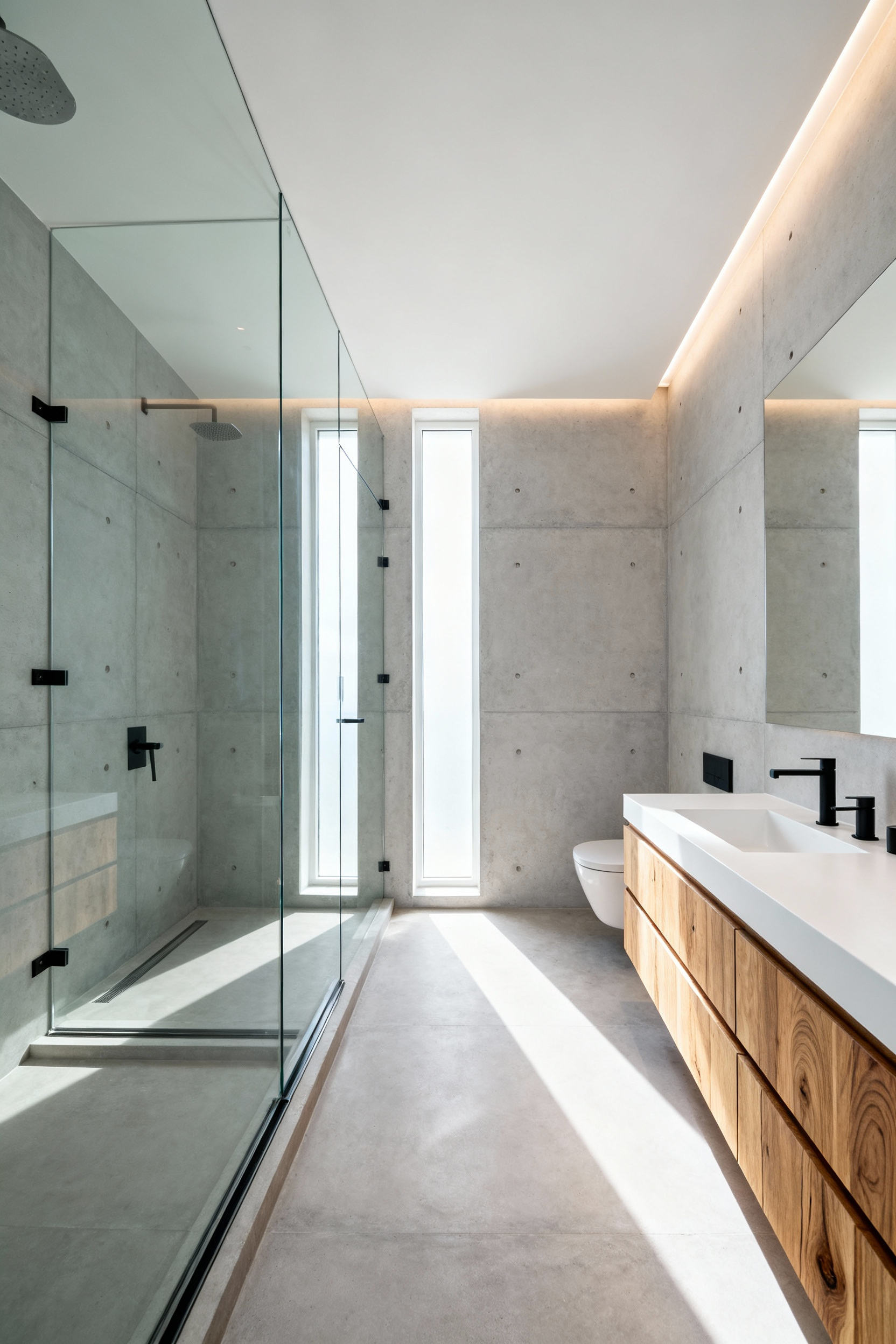 Luxurious minimalist bathroom featuring a frameless, floor-to-ceiling glass shower enclosure integrated seamlessly into large-format grey stone tiling, eliminating visible tracks and boundaries.