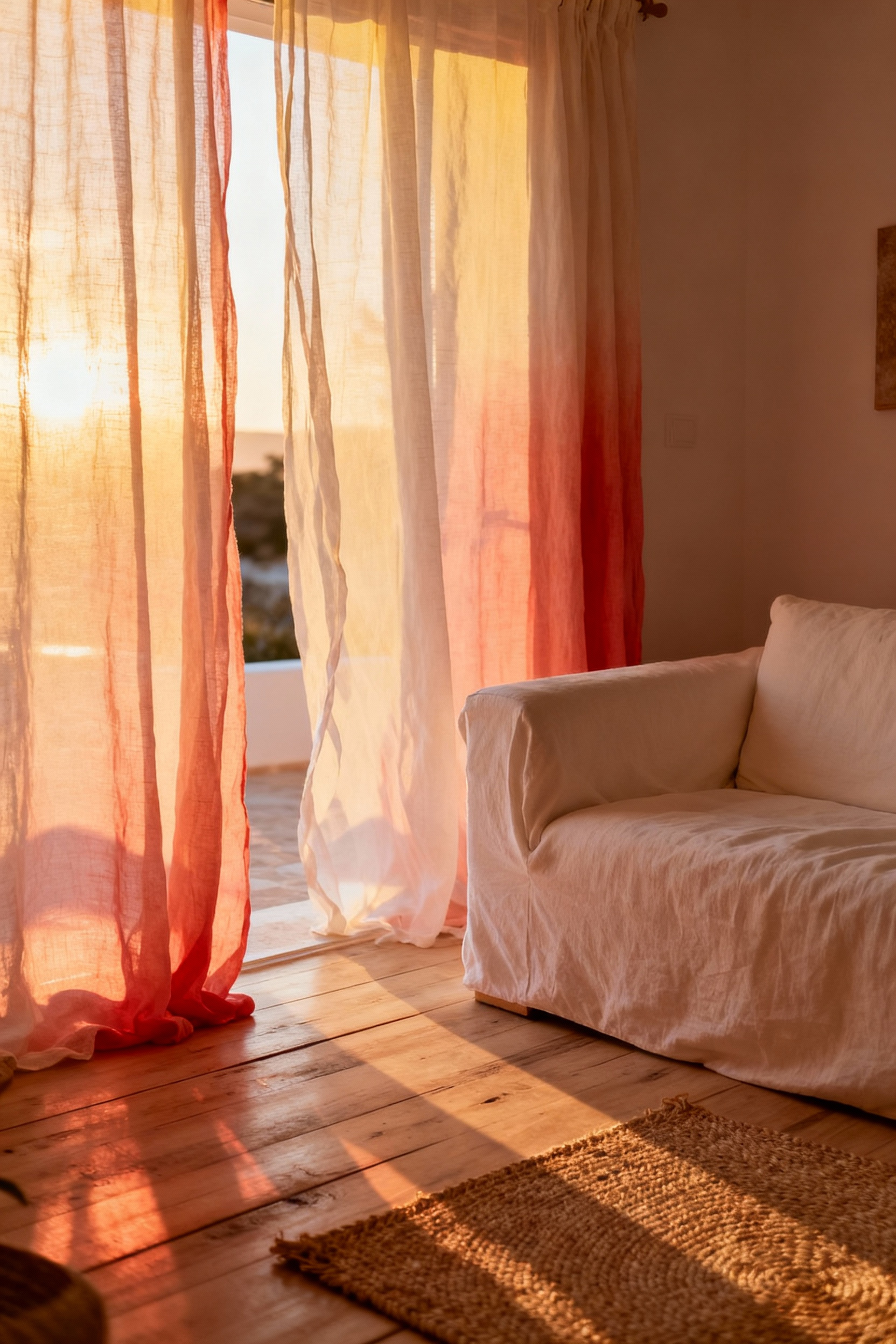 A Mediterranean living room bathed in golden hour light, achieved by sheer, unbleached linen curtains filtering the low afternoon sun into a soft, warm apricot haze that settles across the wooden floor and comfortable furniture.