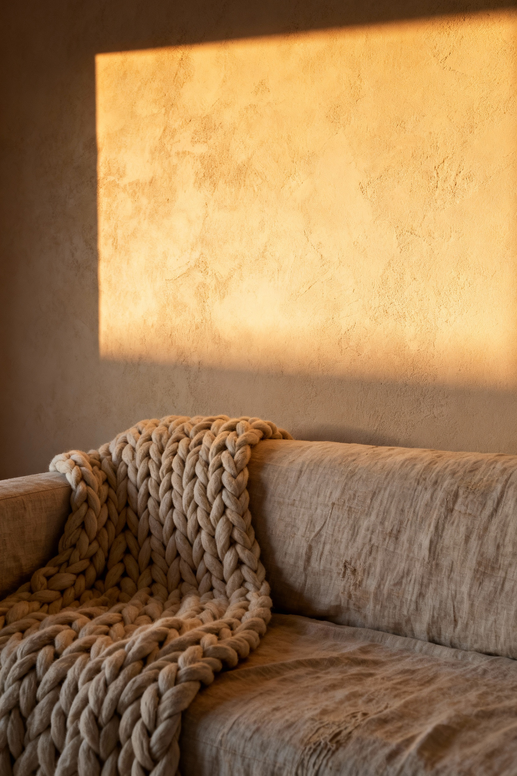 A cozy, sun-drenched living room where intense golden hour light highlights the dramatic texture of creamy Roman Clay plaster walls and soft, worn linen textiles on a minimalist sofa.