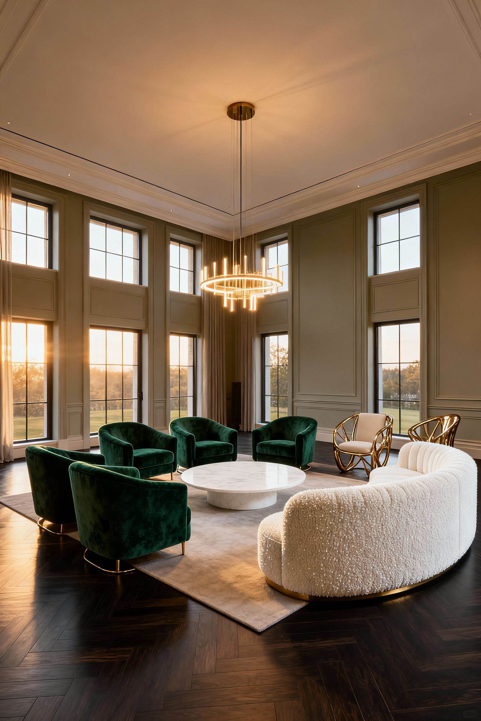 Wide architectural photograph of a luxury living room demonstrating the Grand Salon zoning technique, featuring multiple intimate conversation clusters of velvet and upholstered furniture pulled away from the walls.