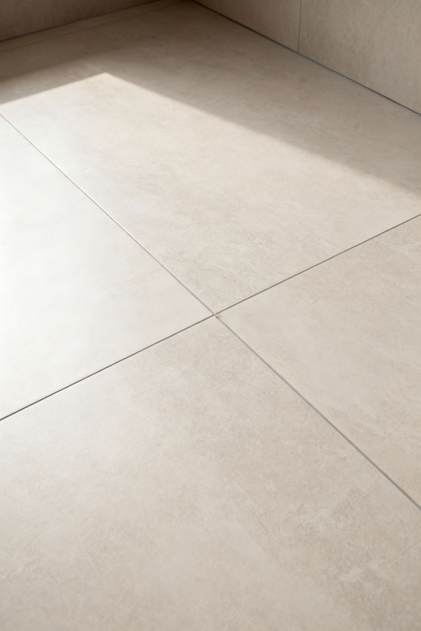 Close-up of seamless, well-maintained light-colored epoxy grout lines connecting large-format, neutral-toned porcelain tiles in a modern luxury bathroom, emphasizing precision and durability.