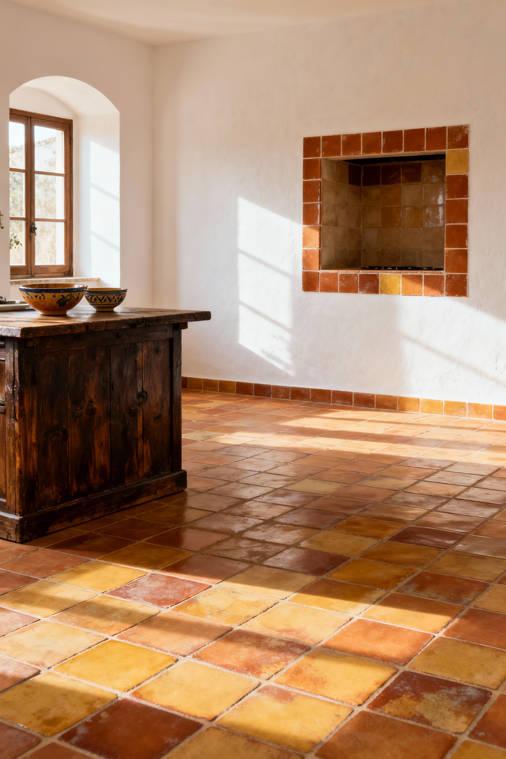 Mediterranean kitchen interior with sunlit, hand-glazed terracotta floor tiles and rustic wooden furniture, evoking warmth and character.