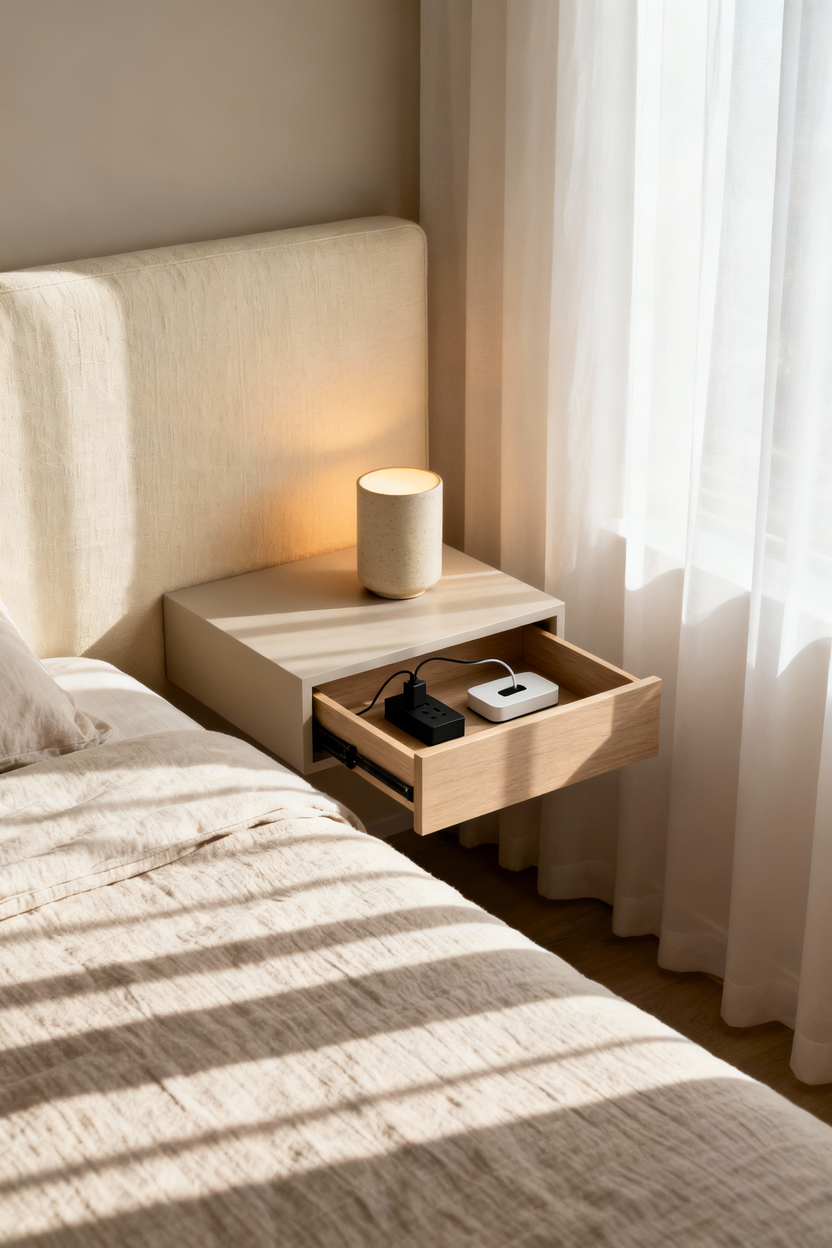 Small modern bedroom showing a custom floating nightstand with the top drawer slightly ajar to reveal integrated hidden power outlets and charging ports.