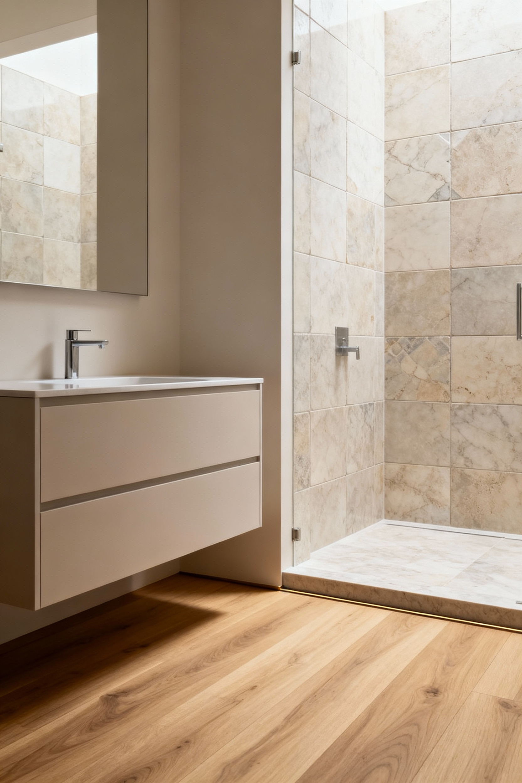Luxurious bathroom interior featuring warm high-density engineered wood flooring in the dry vanity area, smoothly transitioning to a pristine honed marble tiled wet zone. Elegant, modern design bathed in natural light.