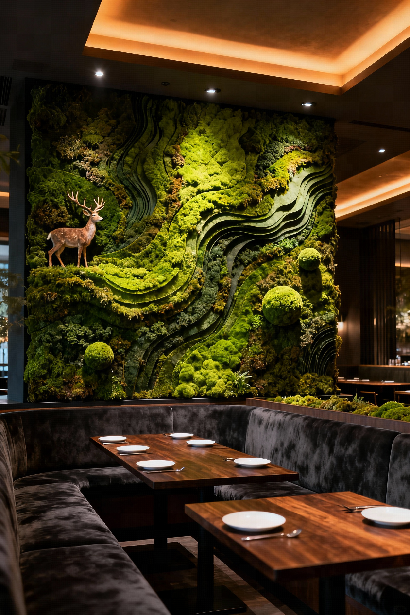 A sophisticated restaurant dining room featuring a large, textured vertical installation of preserved green moss spanning a dark wood wall, designed to absorb sound and enhance acoustics.