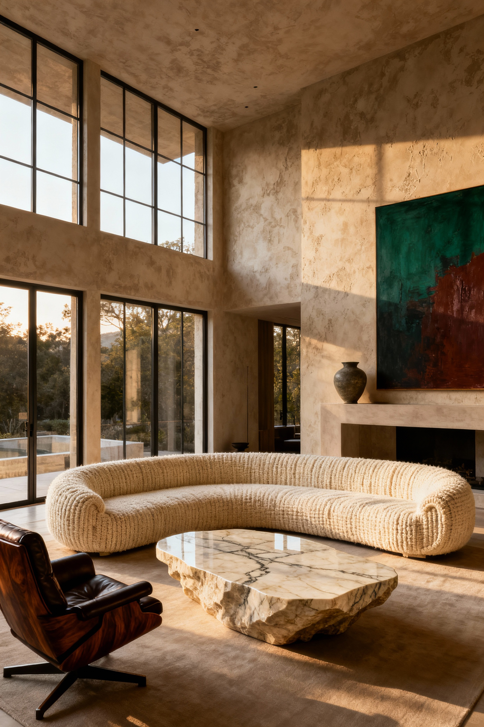 A photograph of a luxurious, high-end living room featuring curated investment furniture pieces, including a low-slung off-white sofa and a large travertine coffee table, set in a spacious, naturally lit modern environment emphasizing intentional spatial layout and superior craftsmanship.