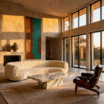 A photograph of a luxurious, high-end living room featuring curated investment furniture pieces, including a low-slung off-white sofa and a large travertine coffee table, set in a spacious, naturally lit modern environment emphasizing intentional spatial layout and superior craftsmanship.