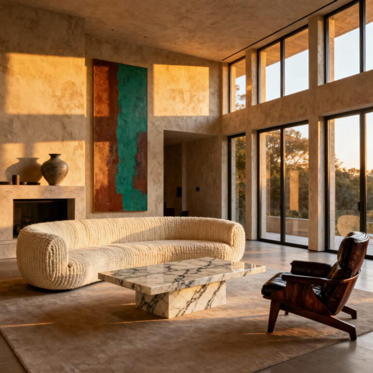 A photograph of a luxurious, high-end living room featuring curated investment furniture pieces, including a low-slung off-white sofa and a large travertine coffee table, set in a spacious, naturally lit modern environment emphasizing intentional spatial layout and superior craftsmanship.