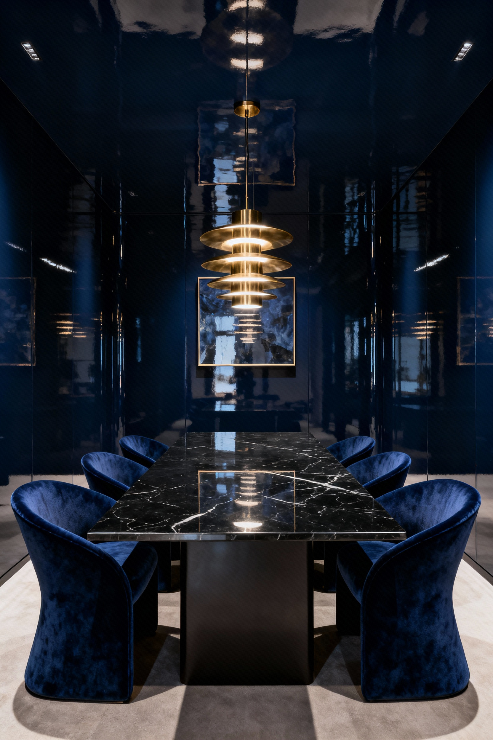 A luxurious dining room featuring deep midnight navy walls and ceiling coated in high-gloss lacquer, creating a mirror-like, reflective surface around a black marble table and brass chandelier.