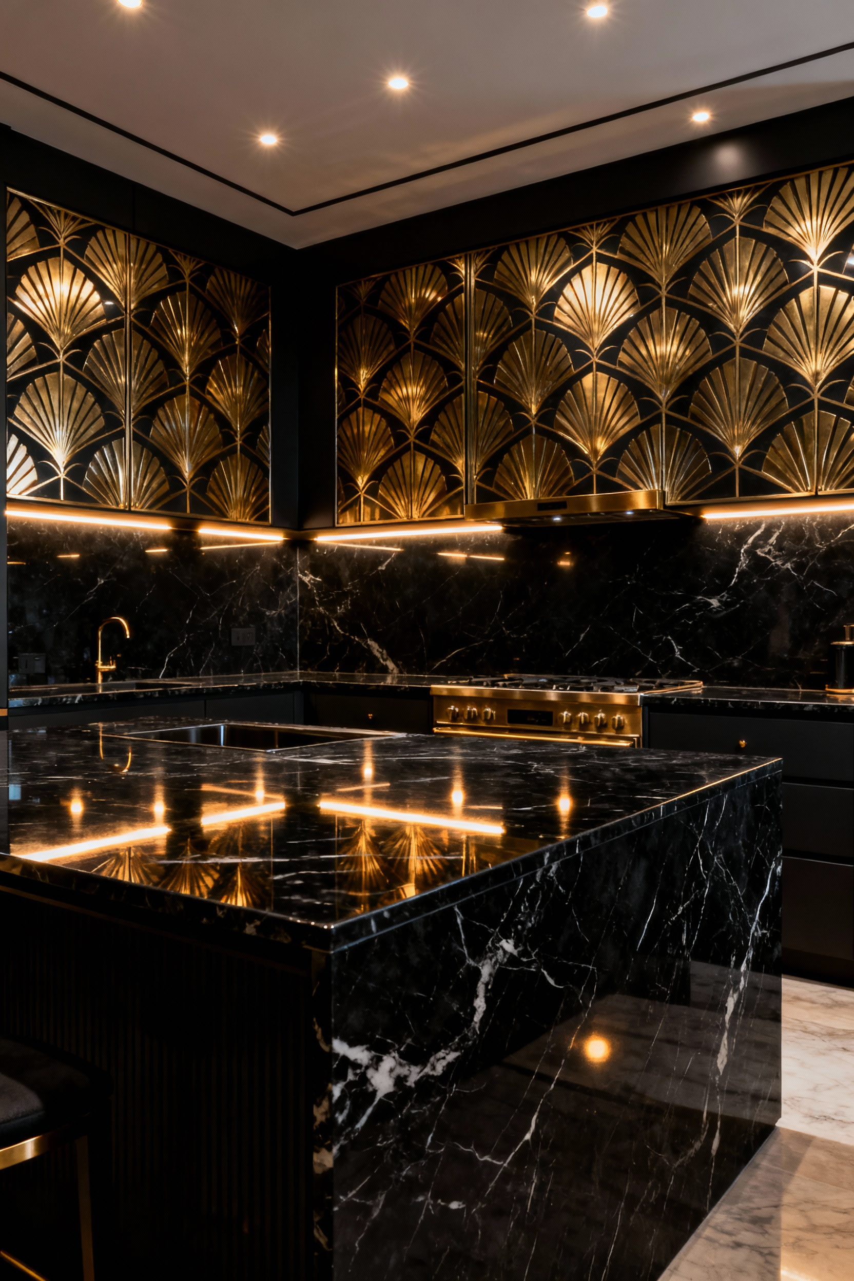 High-gloss black Nero Marquina marble kitchen countertops and island reflecting light, paired with a geometric brass Art Deco pattern backsplash.