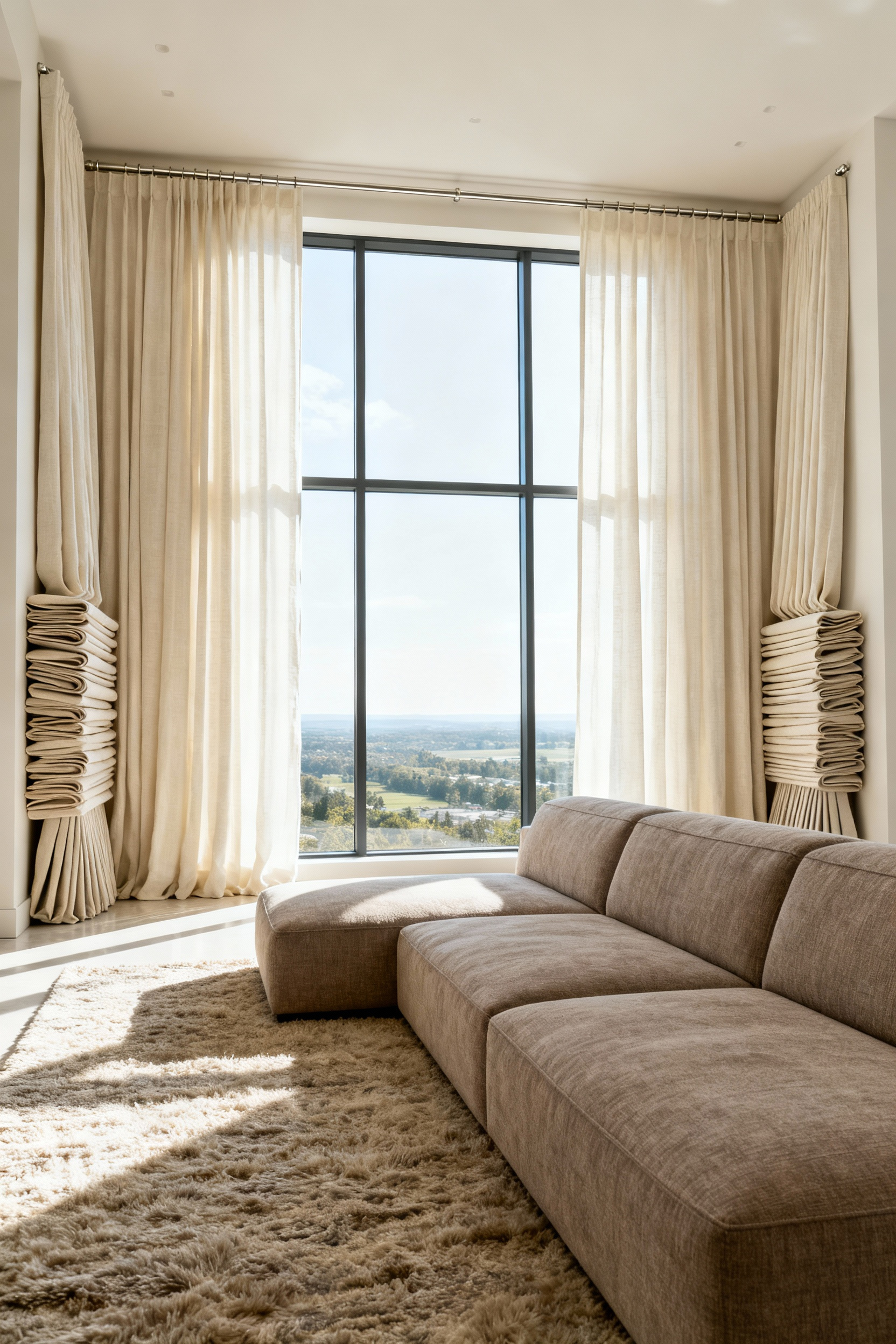 Floor-to-ceiling cream linen drapery installed high and wide in an elegant living room, framing a large window view and maximizing natural light exposure.