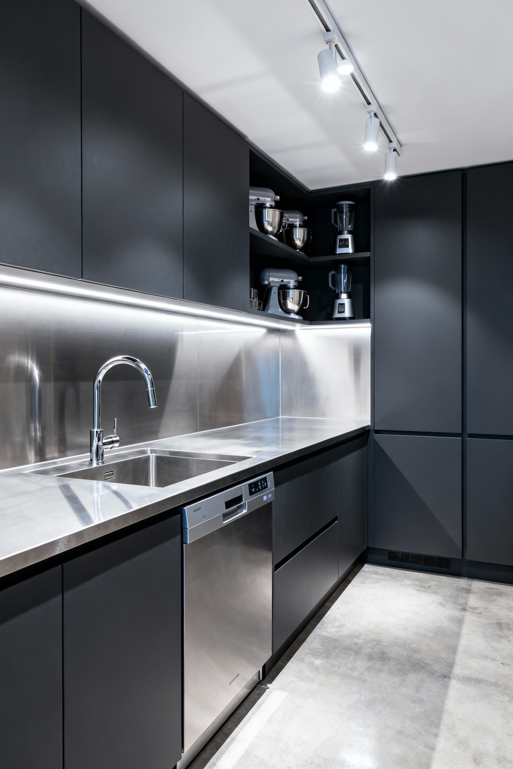 A modern, high-tech scullery room featuring deep charcoal grey cabinetry, stainless steel countertops, and a professional-grade deep sink, highlighting its function as a utility cleanup and prep area hidden from the main living space.