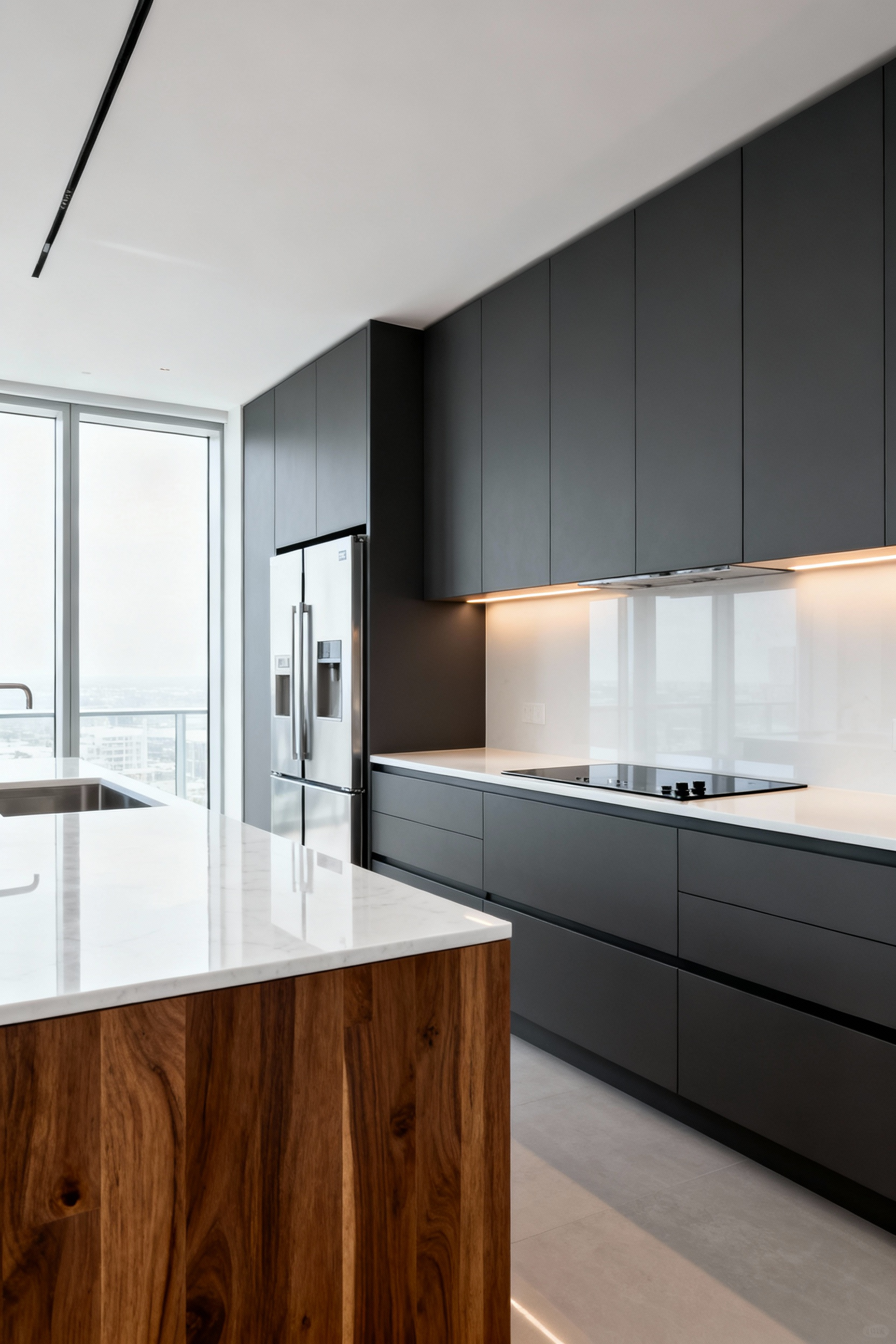 A modern, minimalist kitchen layout prioritizing efficient flow, showing the large, designated Prep Zone counter placed strategically between the seamless integrated refrigerator and the black induction cooktop.