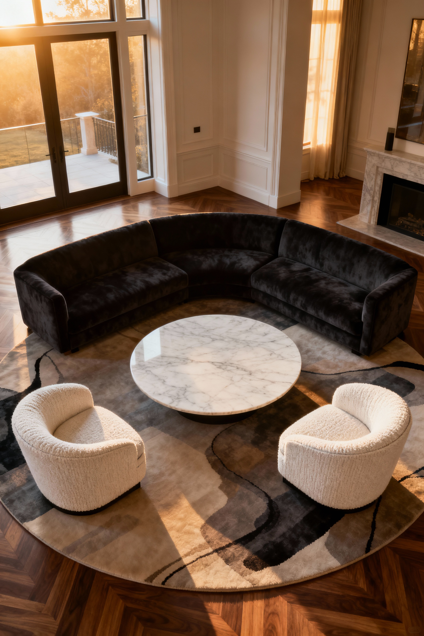 A luxurious U-shaped conversation grouping in a modern living room featuring a charcoal velvet sofa and ivory armchairs arranged to prioritize dialogue around a central marble coffee table.