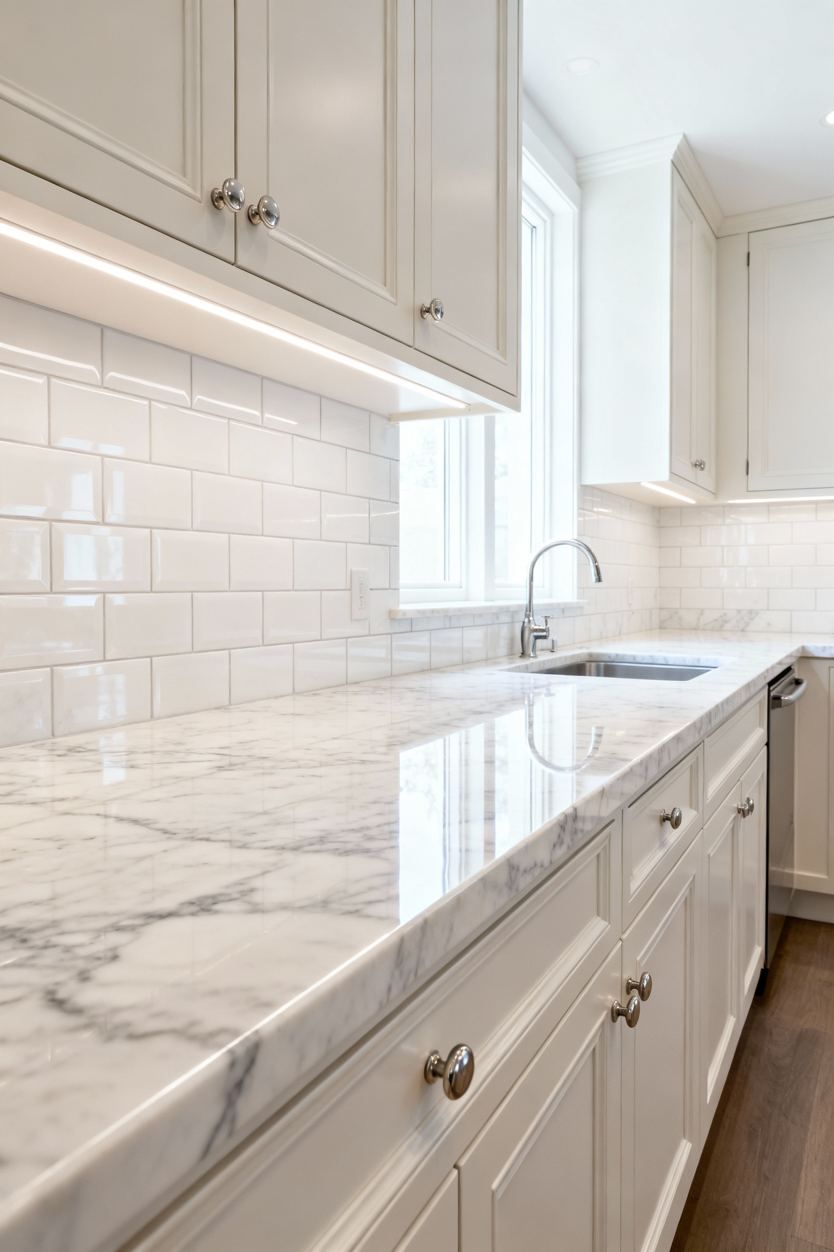 A luxurious white kitchen showcasing highly polished Bianco Carrara marble countertops and an extensive subway tile backsplash installed with precision-grout lines.
