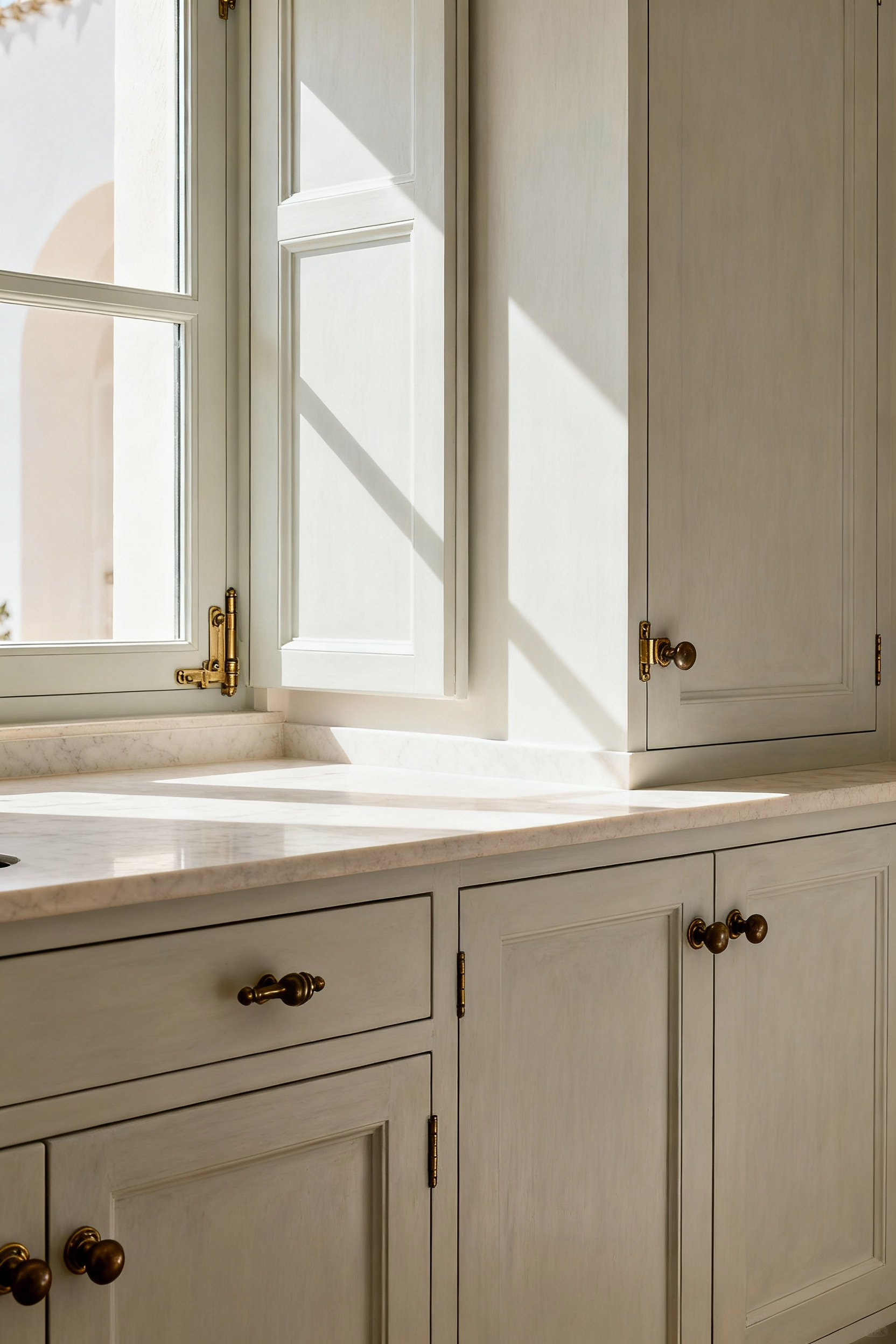 A refined coastal kitchen with elegant off-white inset cabinetry featuring flush doors, exposed brass hinges, and antique bronze pulls, set against a backdrop of natural light. The precision joinery and sophisticated design evoke a timeless Mediterranean villa aesthetic.