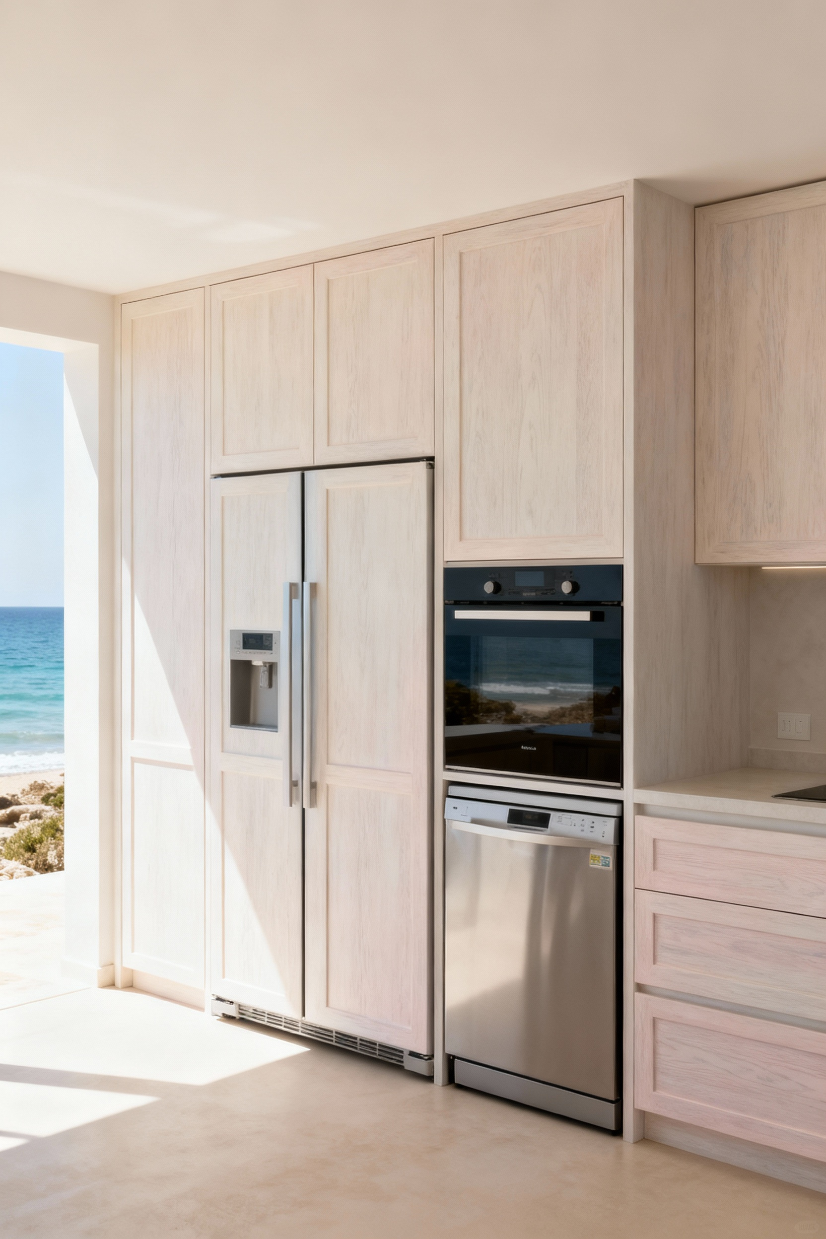 A professional photo of a modern coastal kitchen featuring light wood custom cabinets. Integrated appliance paneling seamlessly conceals a refrigerator and dishwasher, maintaining an uninterrupted visual flow. Natural light fills the serene, uncluttered space, emphasizing the cohesive Mediterranean-inspired design.