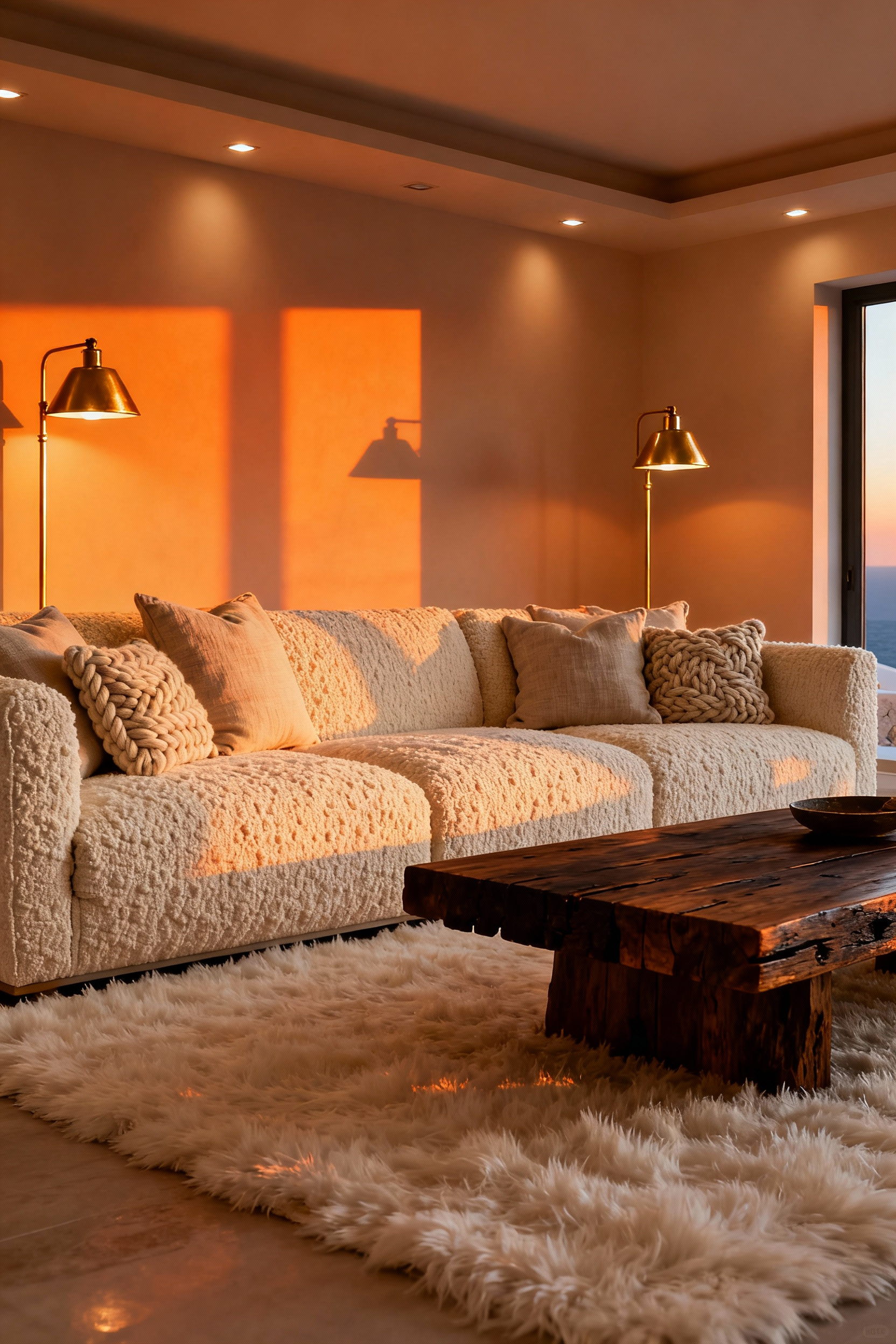 A photograph capturing the structural warmth of a modern living room, illuminated entirely by low-temperature 2200K-2700K bulbs, creating an immersive, intentional golden hour effect across the textured sectional sofa.