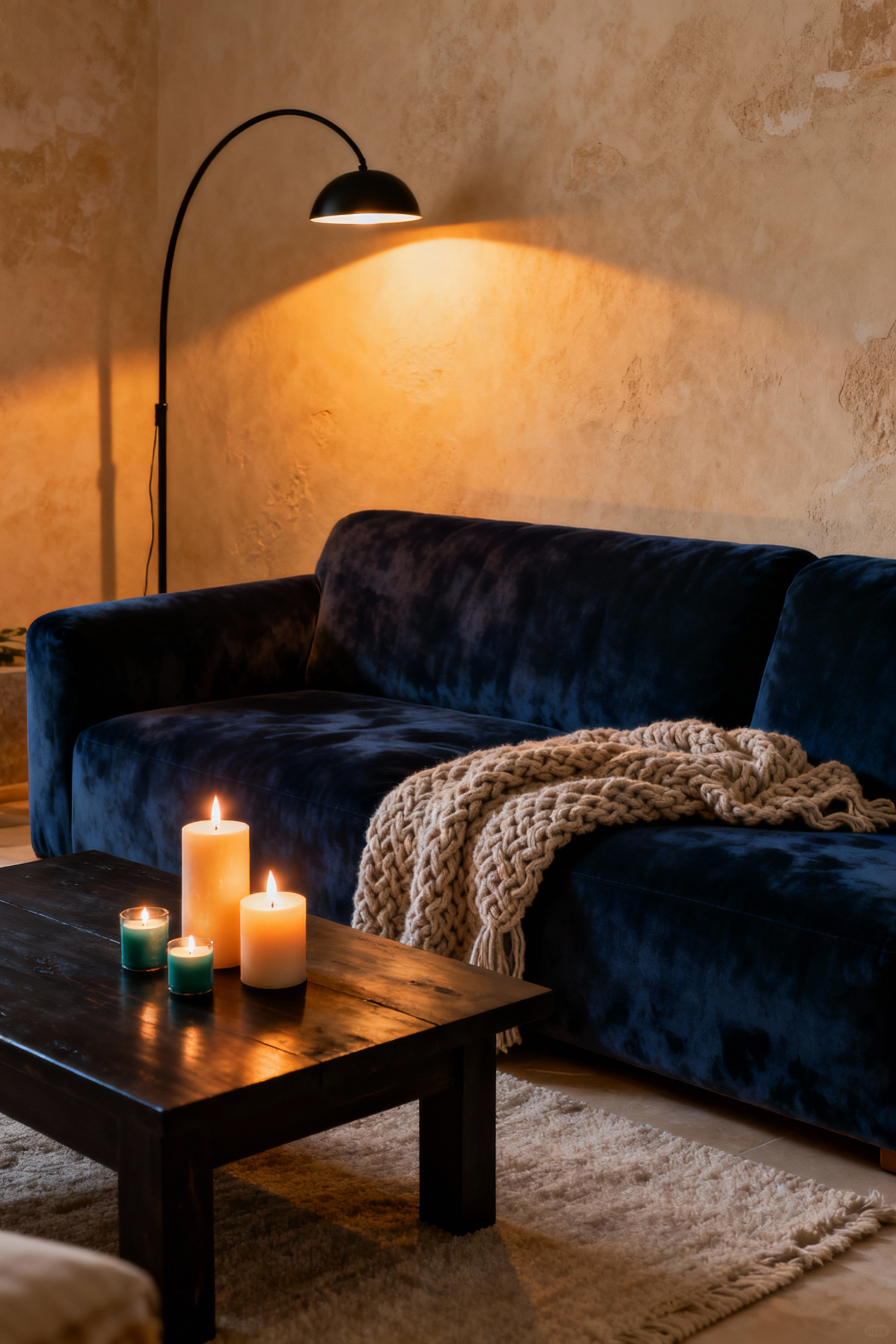 A cozy, low-lit living room scene featuring a velvet sofa illuminated by an ultra-warm 2200K arc floor lamp and flickering candlelight, creating an intimate conversation zone.