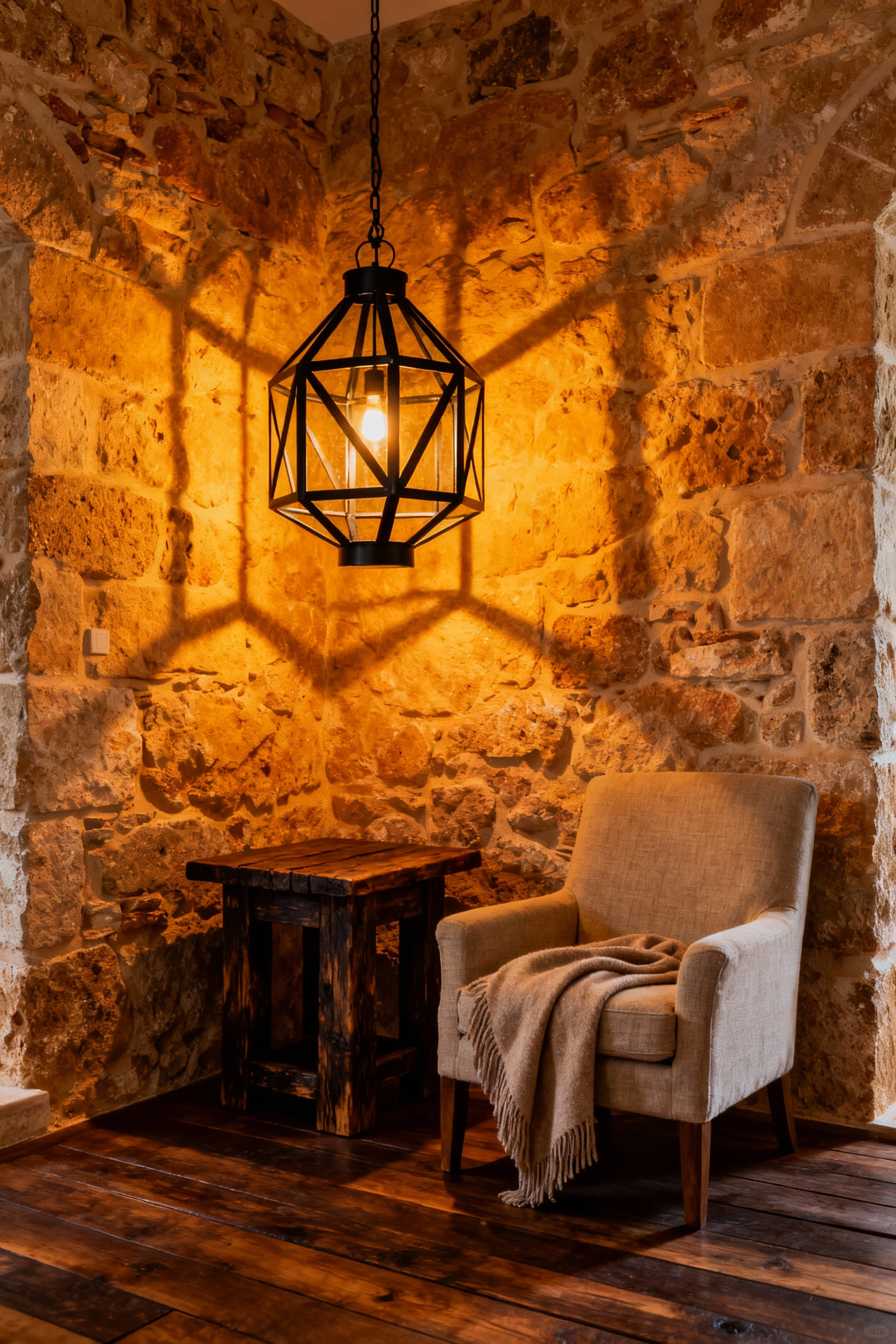 A low-hanging matte black iron lantern pendant illuminates a rustic side table, defining a cozy, high-contrast reading nook in a stone-walled Mediterranean living room.