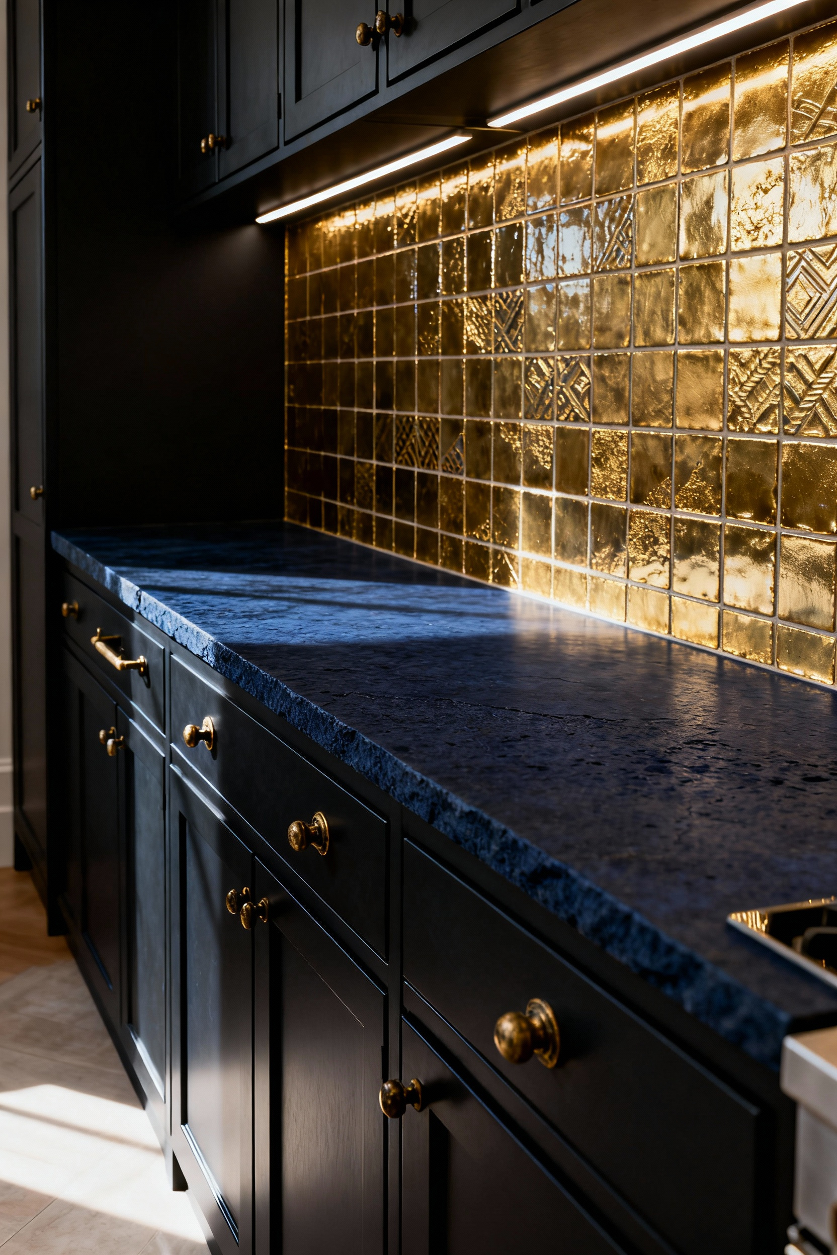 Dramatic luxury kitchen featuring a matte deep navy soapstone countertop contrasting with a high-gloss, gold-inlay art tile backsplash in the Jewel Box design technique.
