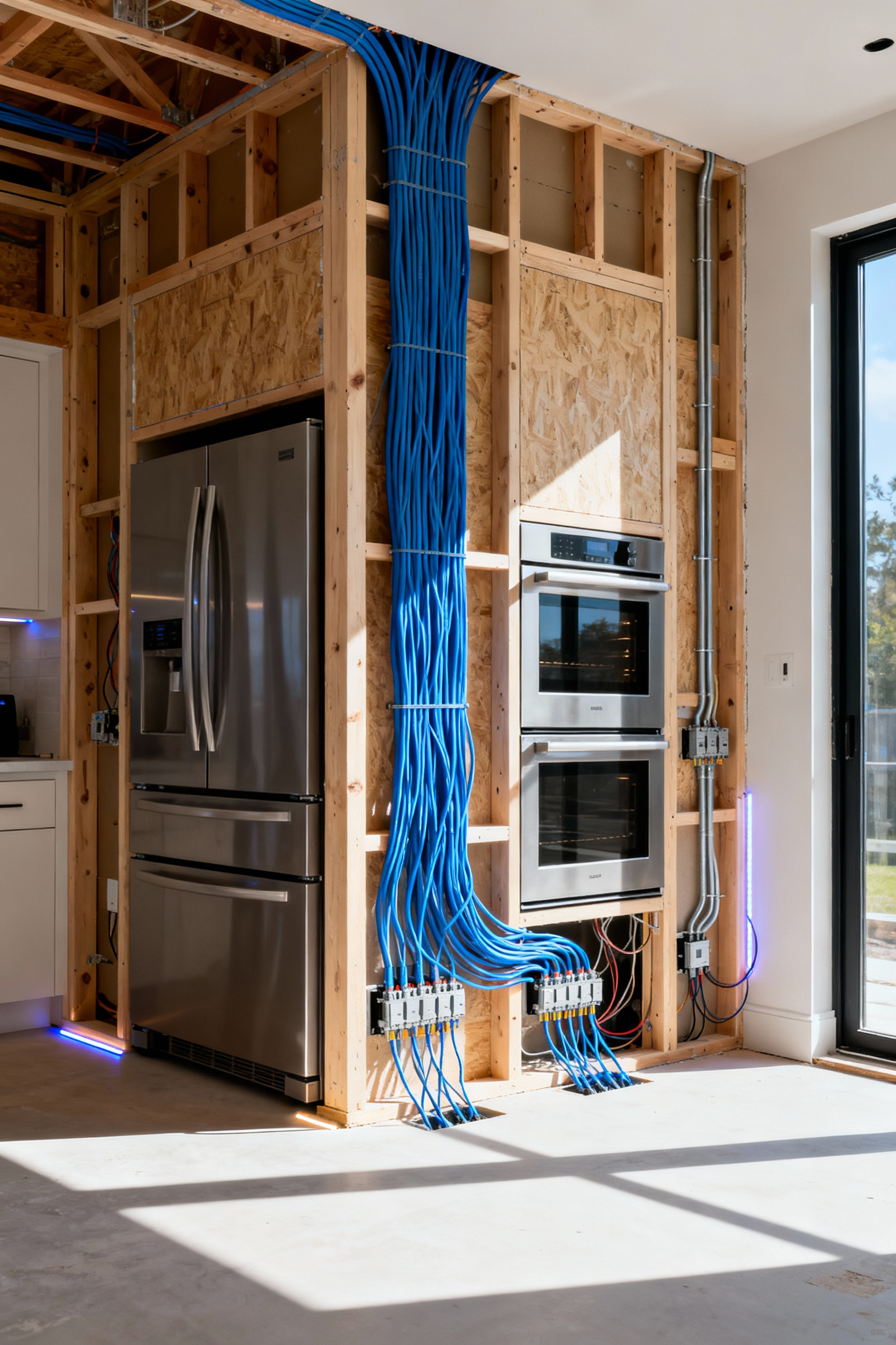 Exposed wall framing in a luxury modern kitchen renovation showing meticulously installed blue Category 6A Ethernet cables running to future smart appliance locations, representing a robust hardwired network infrastructure.